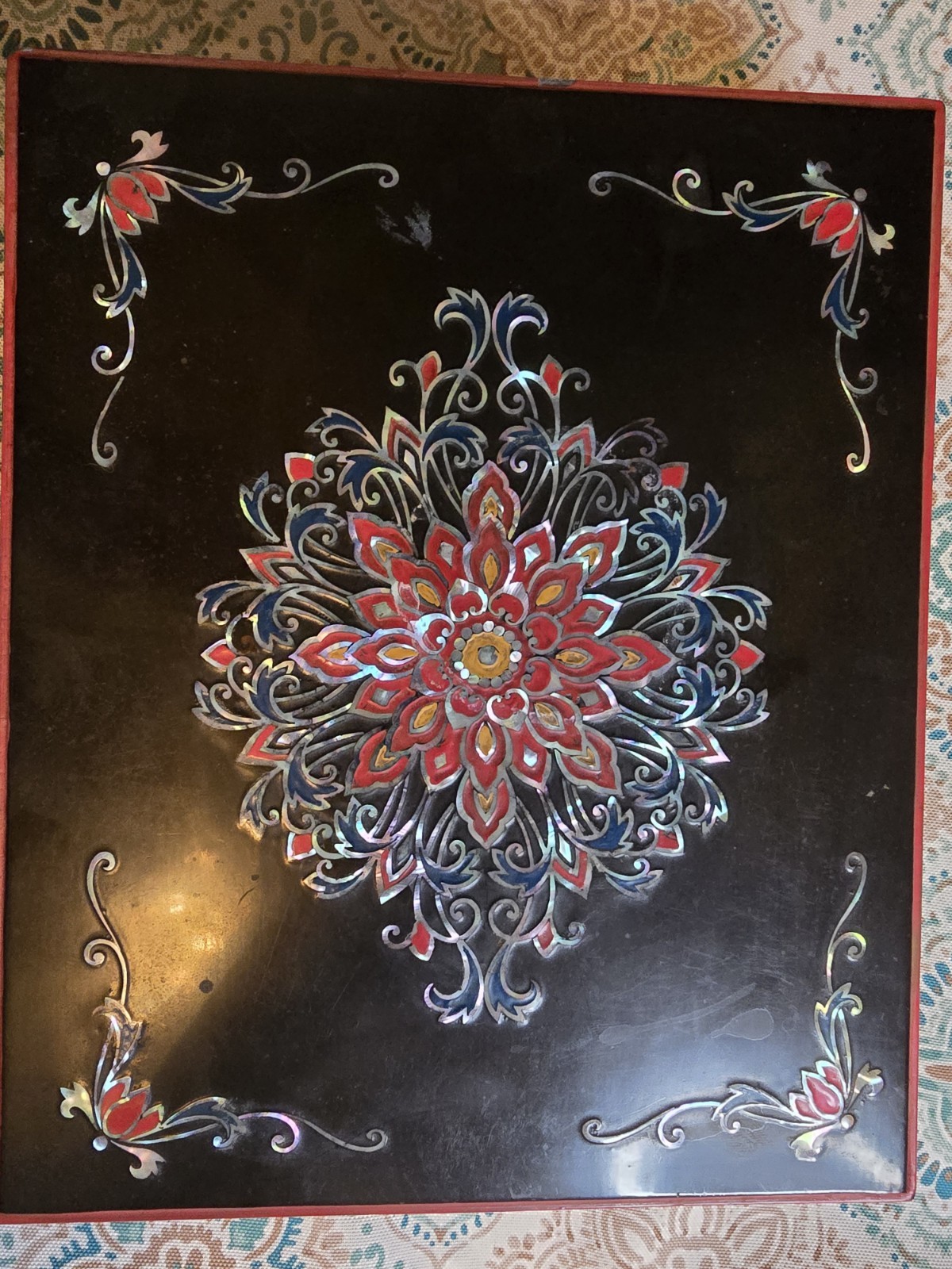 Vintage Korean Lacquer Document Box Hand Painted Floral Mandala Trinket Keepsake Vintage Korean Lacquer Document Box Hand Painted Floral Mandala Trinket Keepsake
