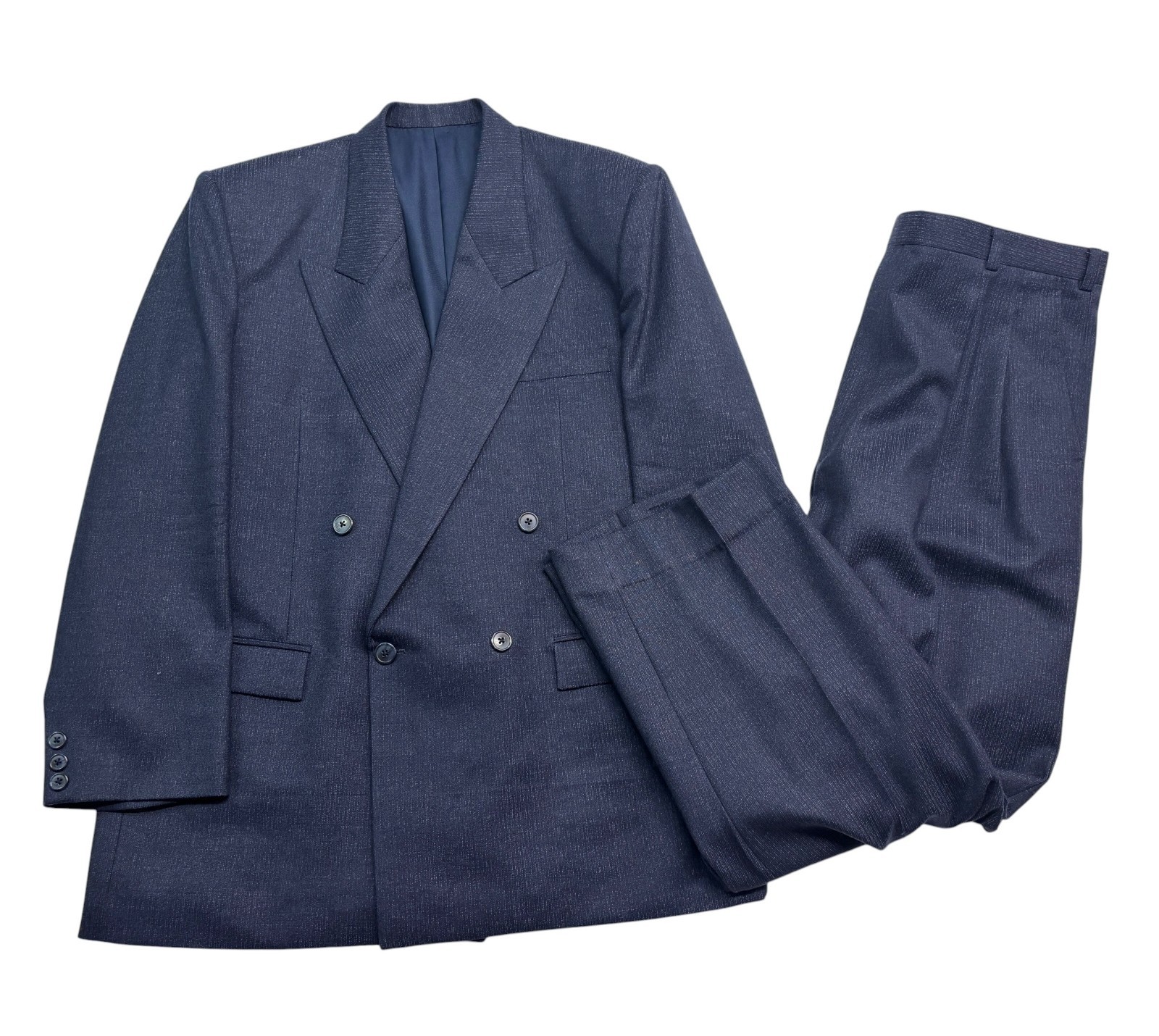 vtg 80s Bespoke 44S 38x29 Navy Blue Double Breasted 2pc Pant Suit Wool Pleated