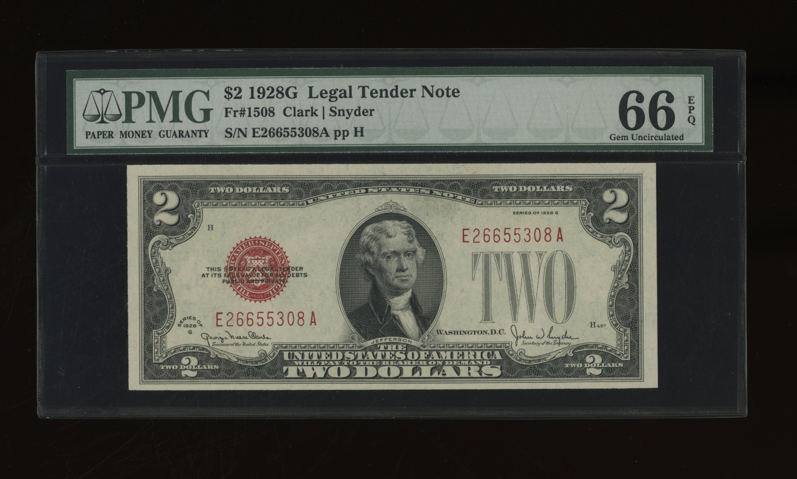 DBR 1928-G $2 Legal Fr. 1508 EA Block Gem PMG 66 EPQ Serial E26655308A DBR 1928-G $2 Legal Fr. 1508 EA Block Gem PMG 66 EPQ Serial E26655308A