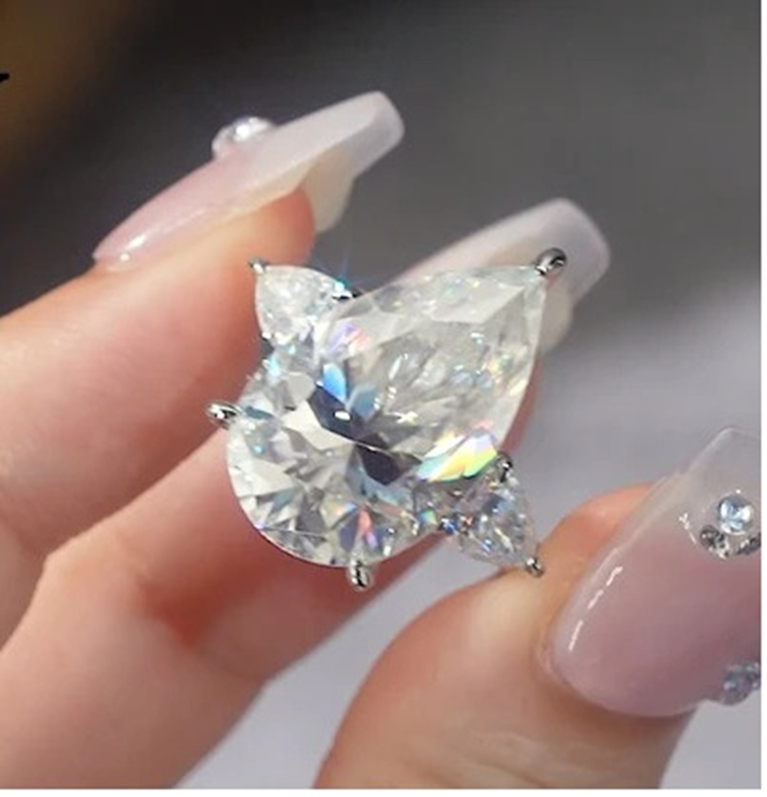 Huge 18ct Pear Cut Moissanite Solitaire Ring 3-Stone Promise Anniversary sz 5-9