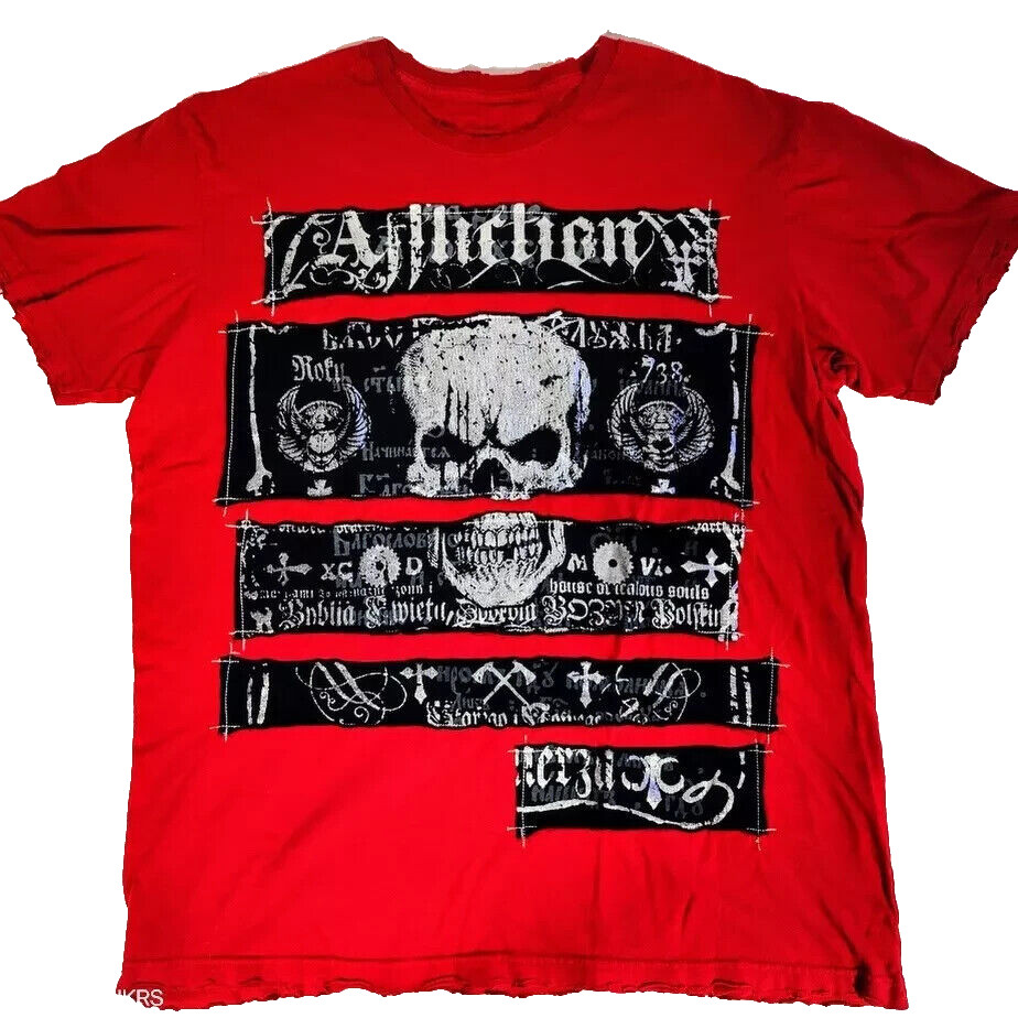 Affliction T Shirt Men XL Red Black Gray Silver Foil Patch Skull USA Rare Street Affliction T Shirt Men XL Red Black Gray Silver Foil Patch Skull USA Rare Street