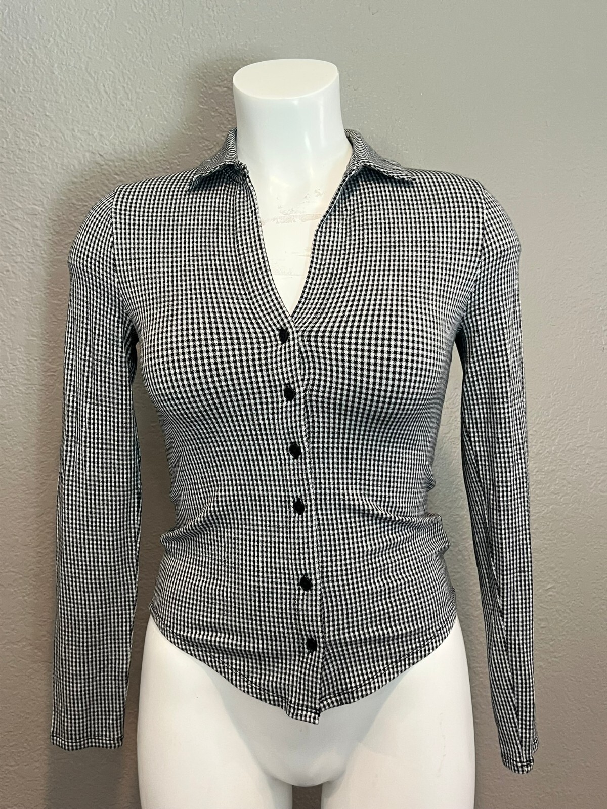 Madewell Women’s Small Black White Micro Check Stretch Button Front Shirt Madewell Women’s Small Black White Micro Check Stretch Button Front Shirt