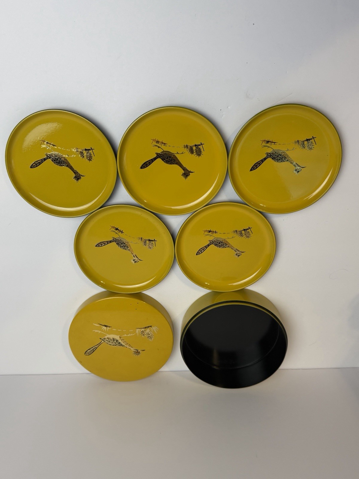 Vintage Otagiri Original Hand Crafted Set Of 5 Roadrunner Coasters with Case