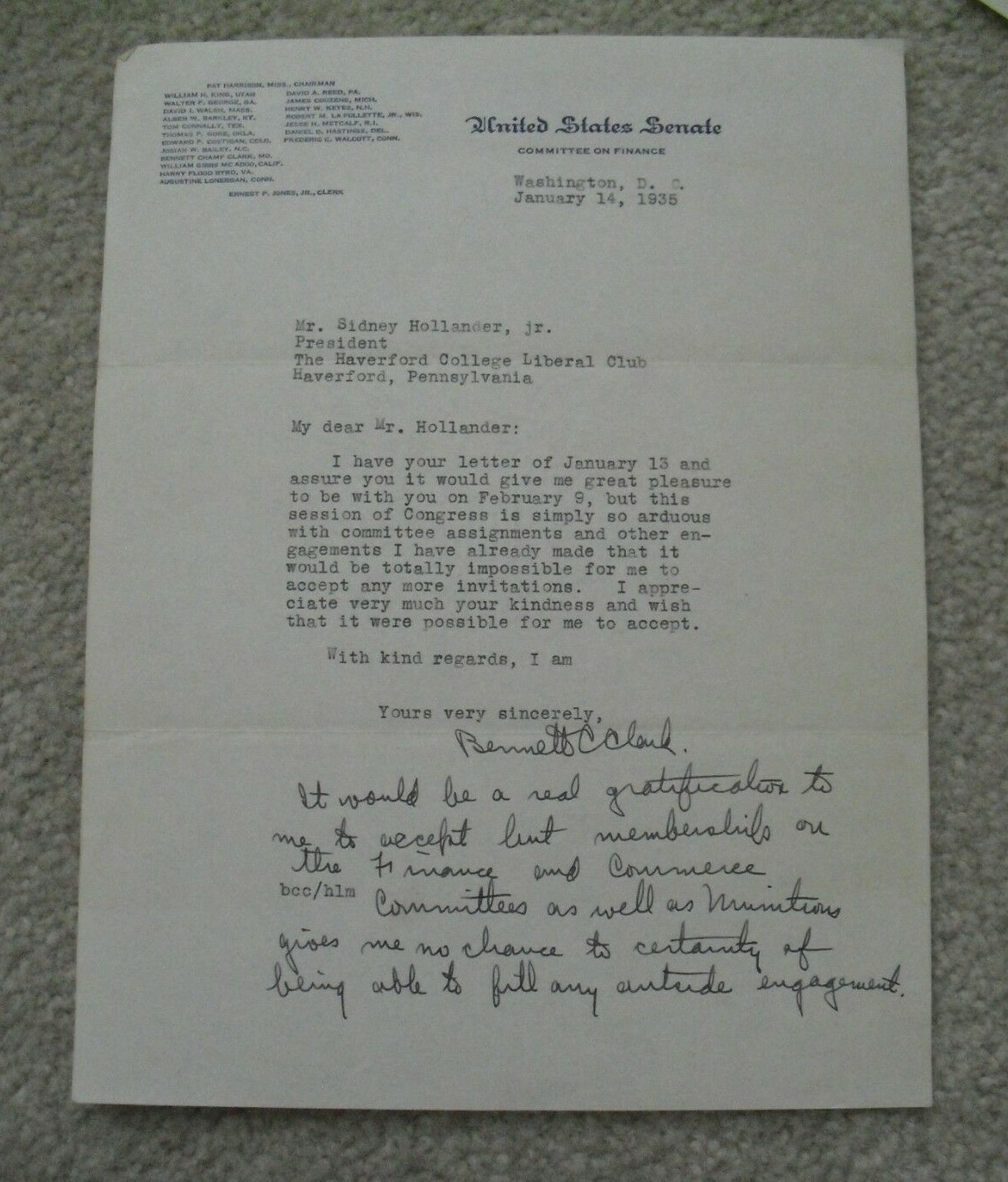 RARE Original 1935 US Senator Signed Letter Bennett Champ Clark Missouri RARE Original 1935 US Senator Signed Letter Bennett Champ Clark Missouri