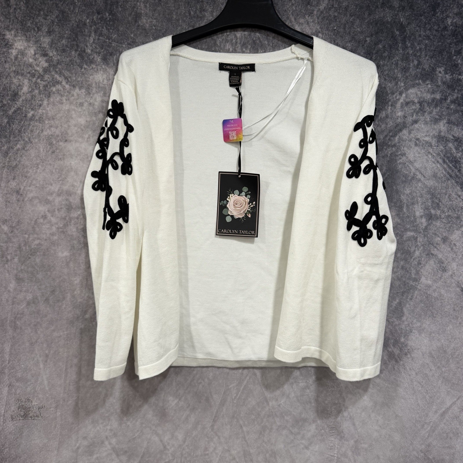 Carolyn Taylor Women’s Rayon Cardigan Size L Ivory Black Floral Embroidered Carolyn Taylor Women’s Rayon Cardigan Size L Ivory Black Floral Embroidered