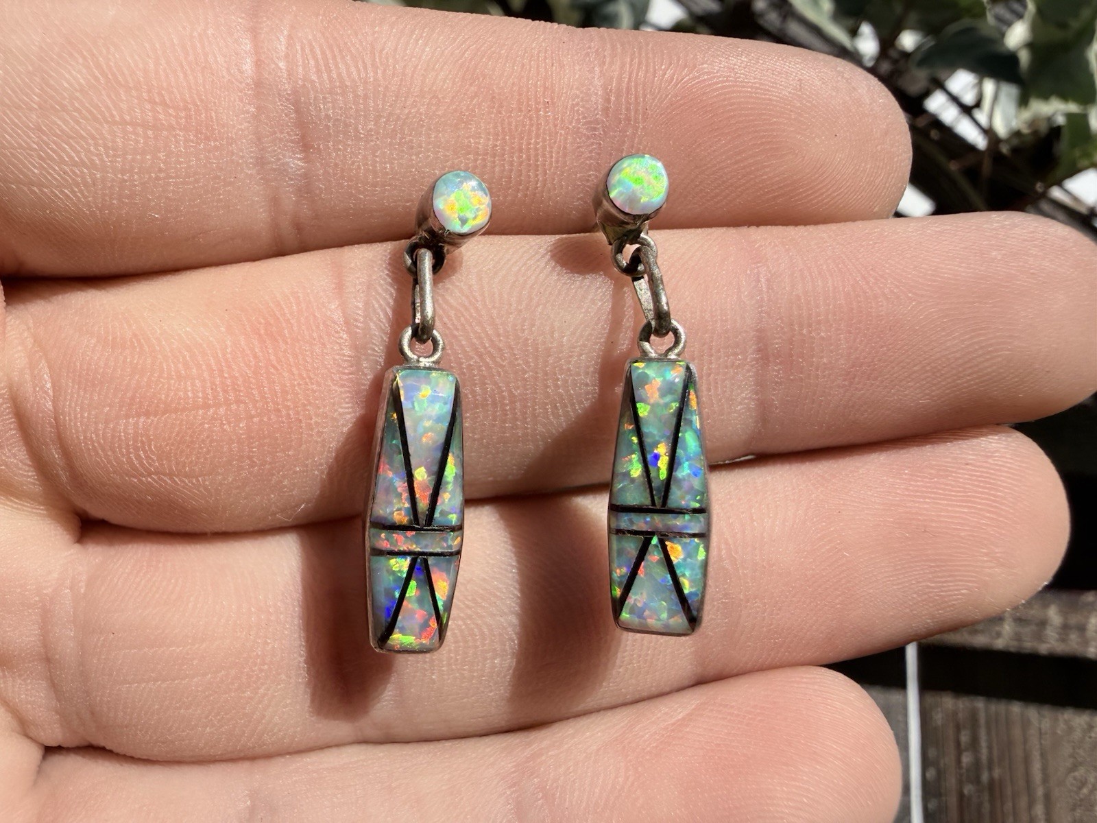 Sterling Silver Signed Luci Zuni Opal Inlay Earrings Native American Sterling Silver Signed Luci Zuni Opal Inlay Earrings Native American