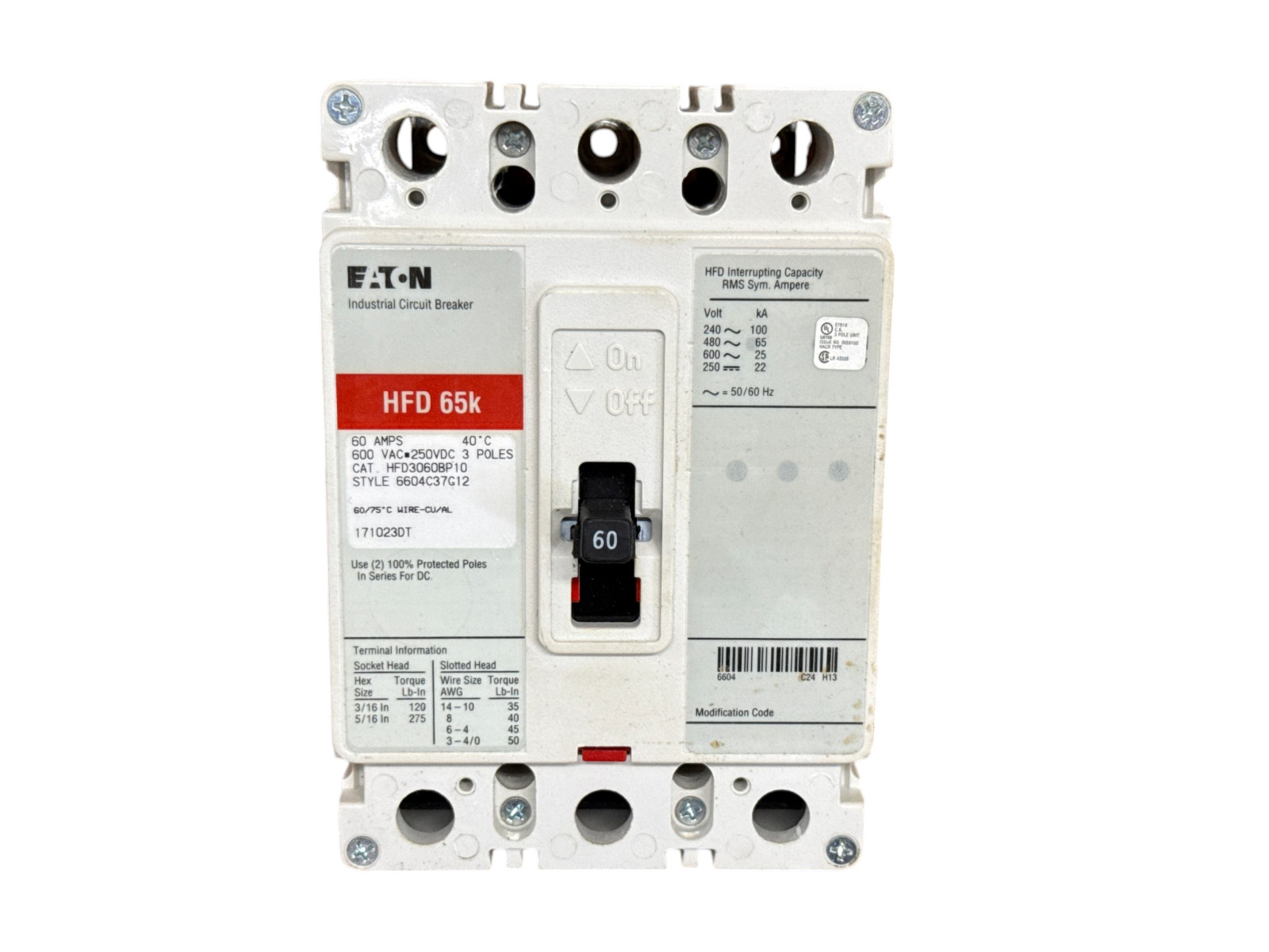 EATON CUTLER HAMMER HFD3060BP10 60A 3-POLE 600V F-FRAME 65KA CIRCUIT BREAKER NEW EATON CUTLER HAMMER HFD3060BP10 60A 3-POLE 600V F-FRAME 65KA CIRCUIT BREAKER NEW