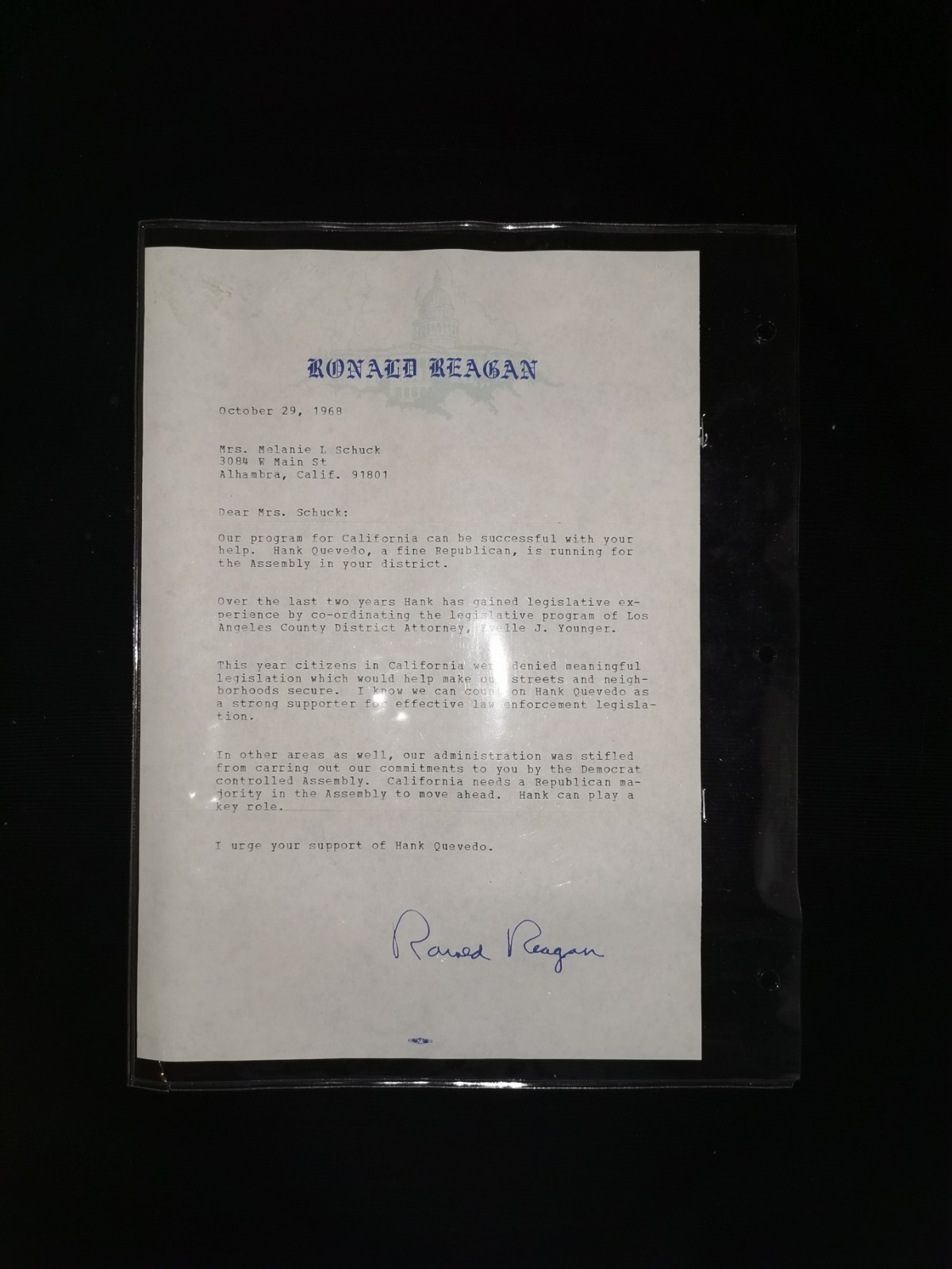 Ronald Reagan Signed Personal Letter October 29, 1968