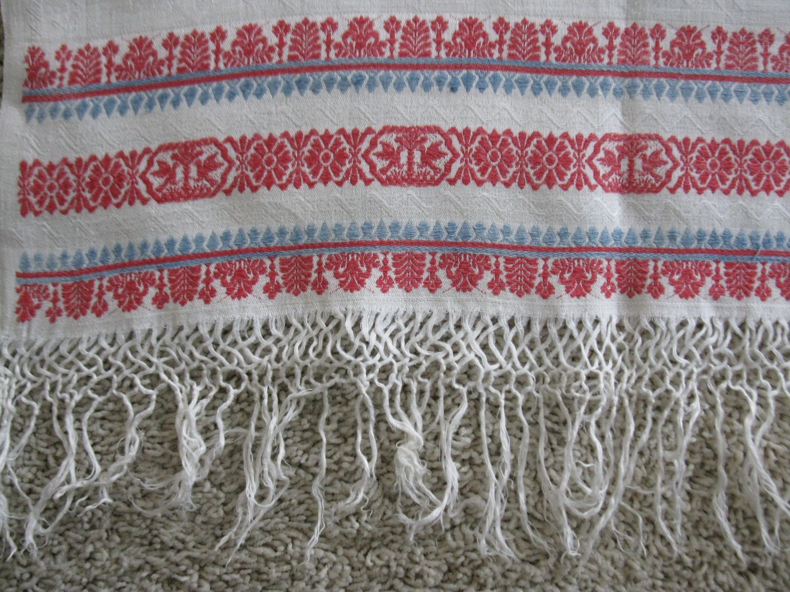 Antique HAND TOWEL  Cotton&Linen Red White and Blue, Fringed Ends SHOW TOWEL