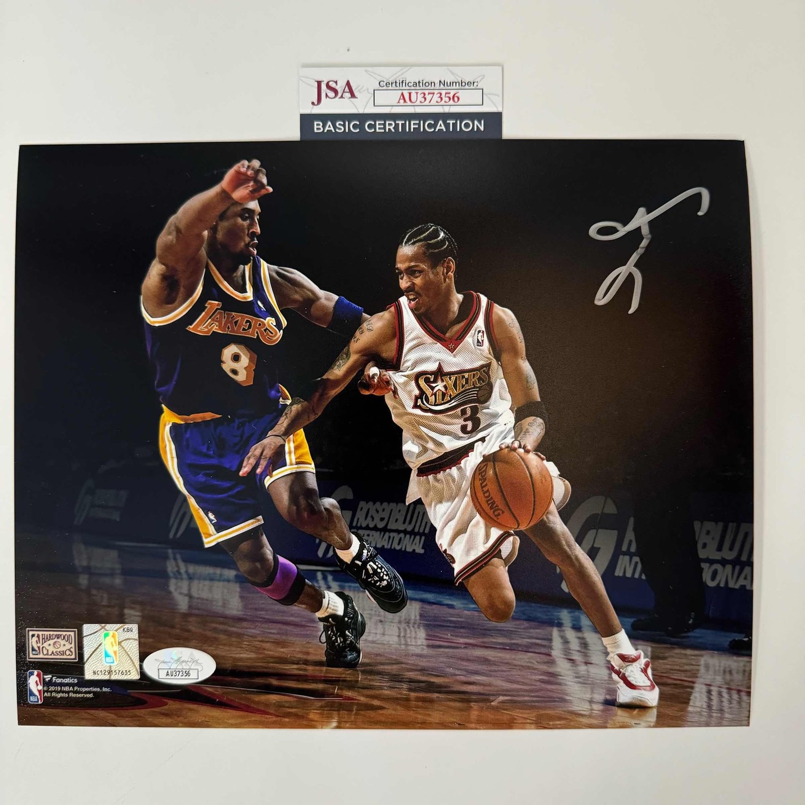 Autographed/Signed Allen Iverson vs. Kobe 76ers 8x10 Photo JSA COA