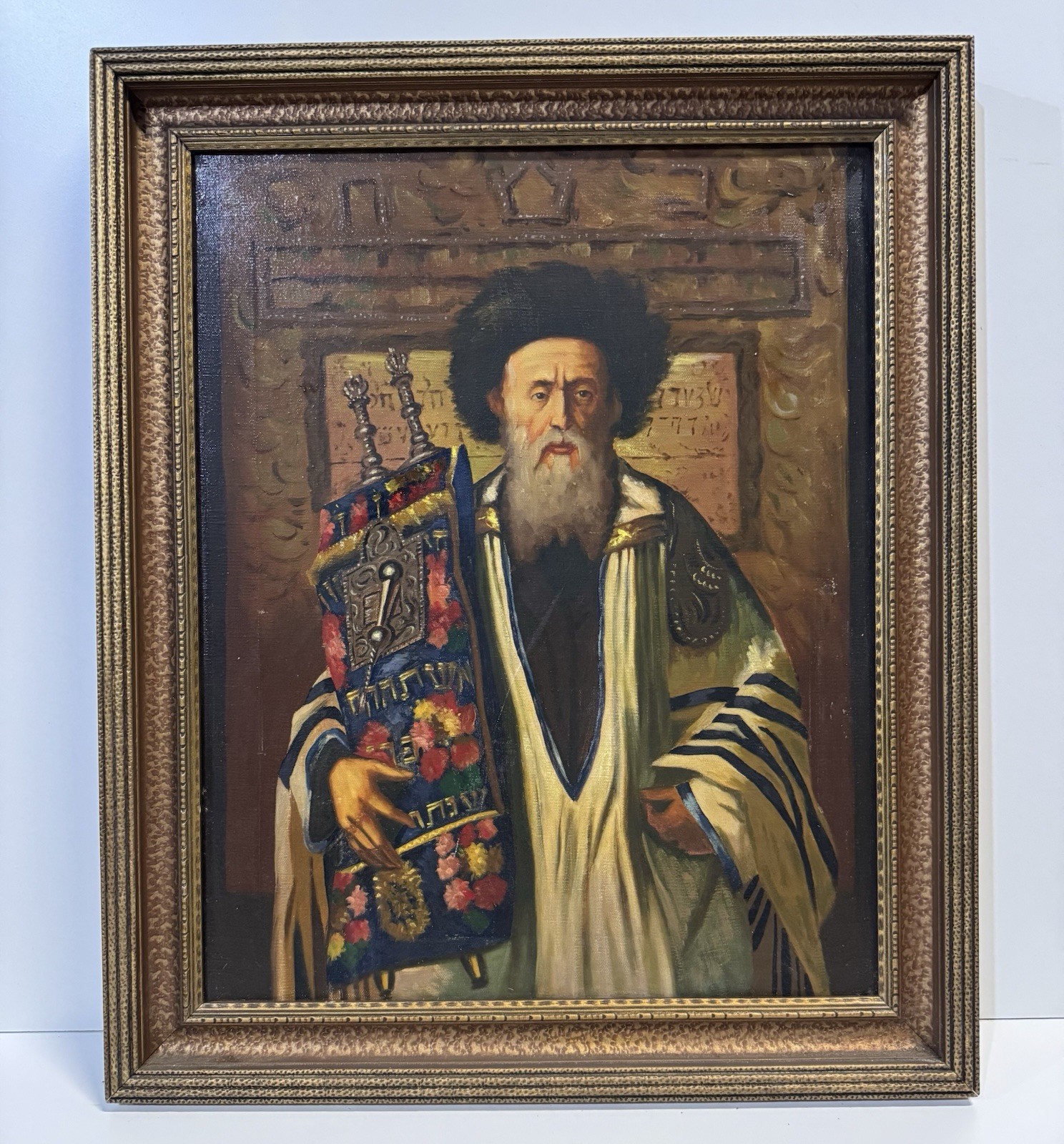 Vintage Rabbi And Torah Painting On Canvas Framed