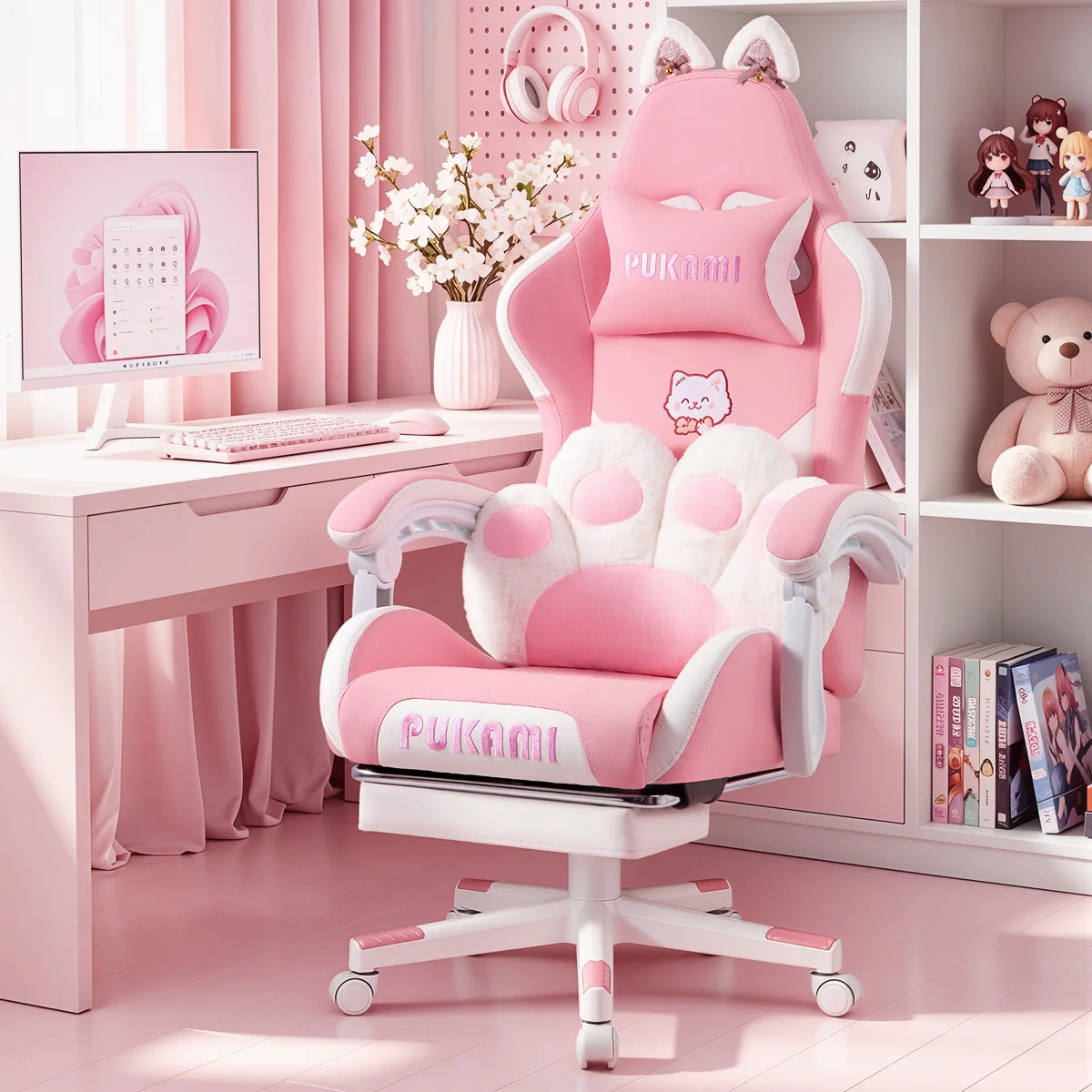 Pink Cat Ear Gaming Chair with Footrest and Headrest Pillow