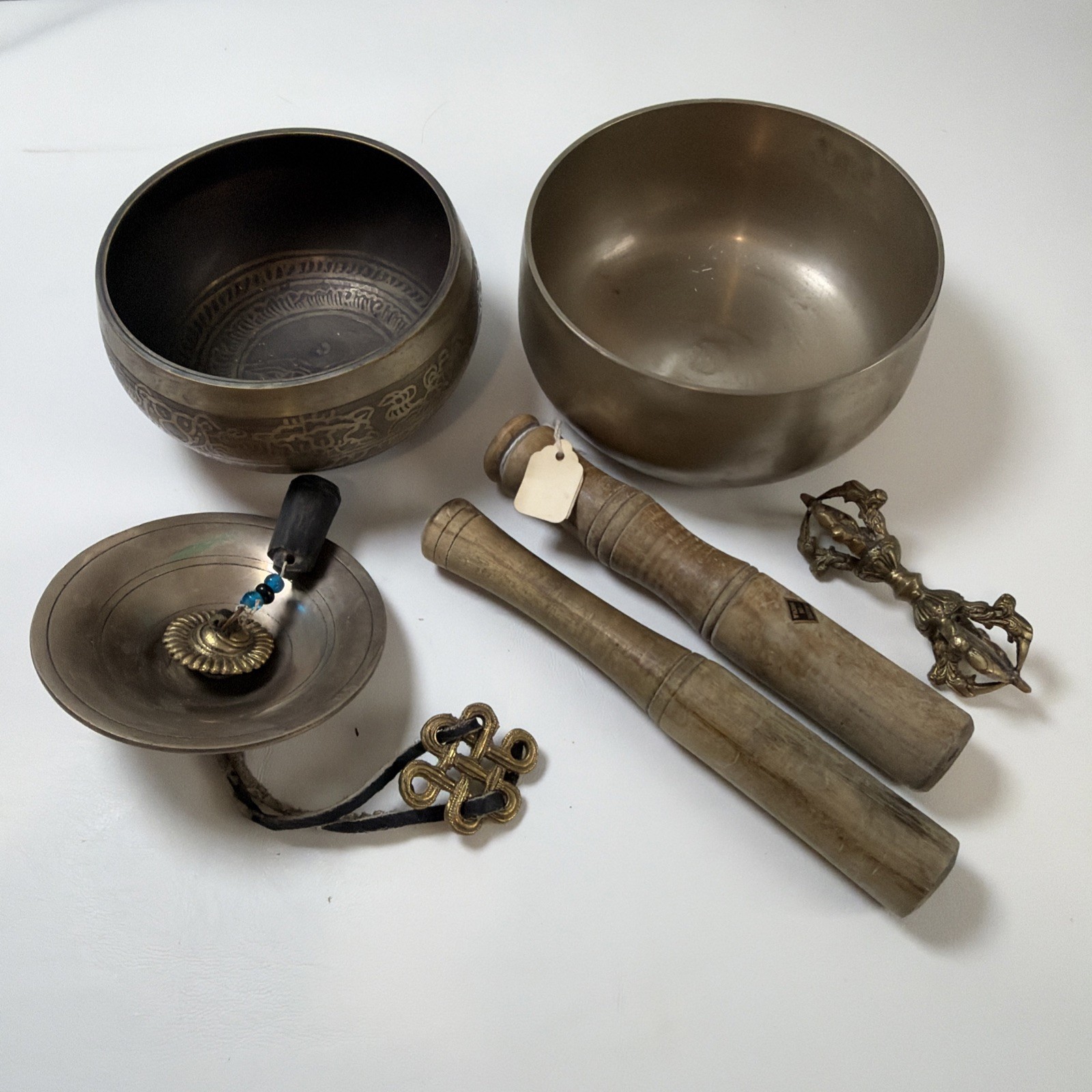 Vintage Tibetan Buddhist Chakra Singing Bowl Set Hand-Etched 5in and 4in + Extra
