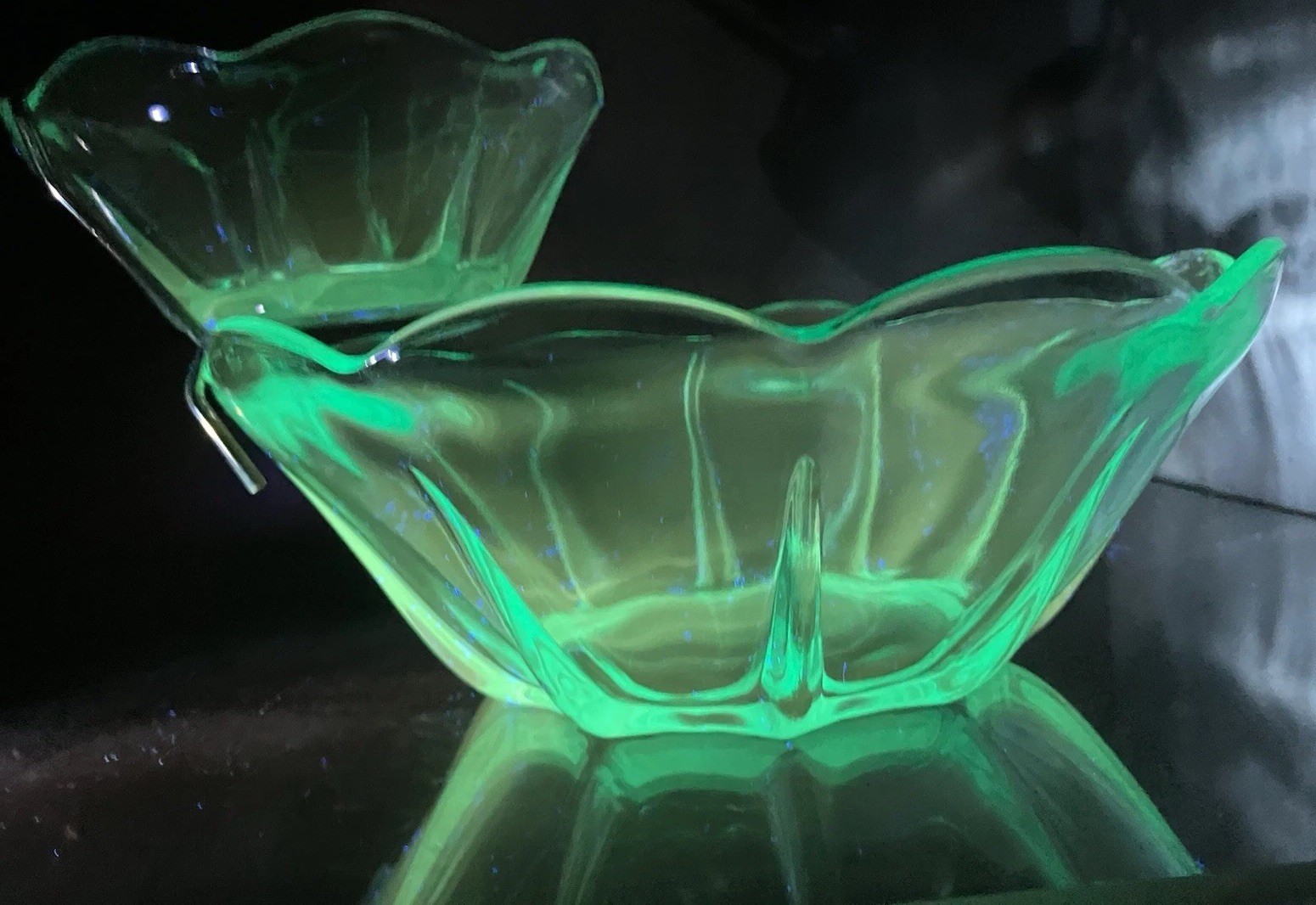 Vtg Anchor Hocking Swedish Modern Aquamarine Chip Dip Set w/ Box UV Reactive