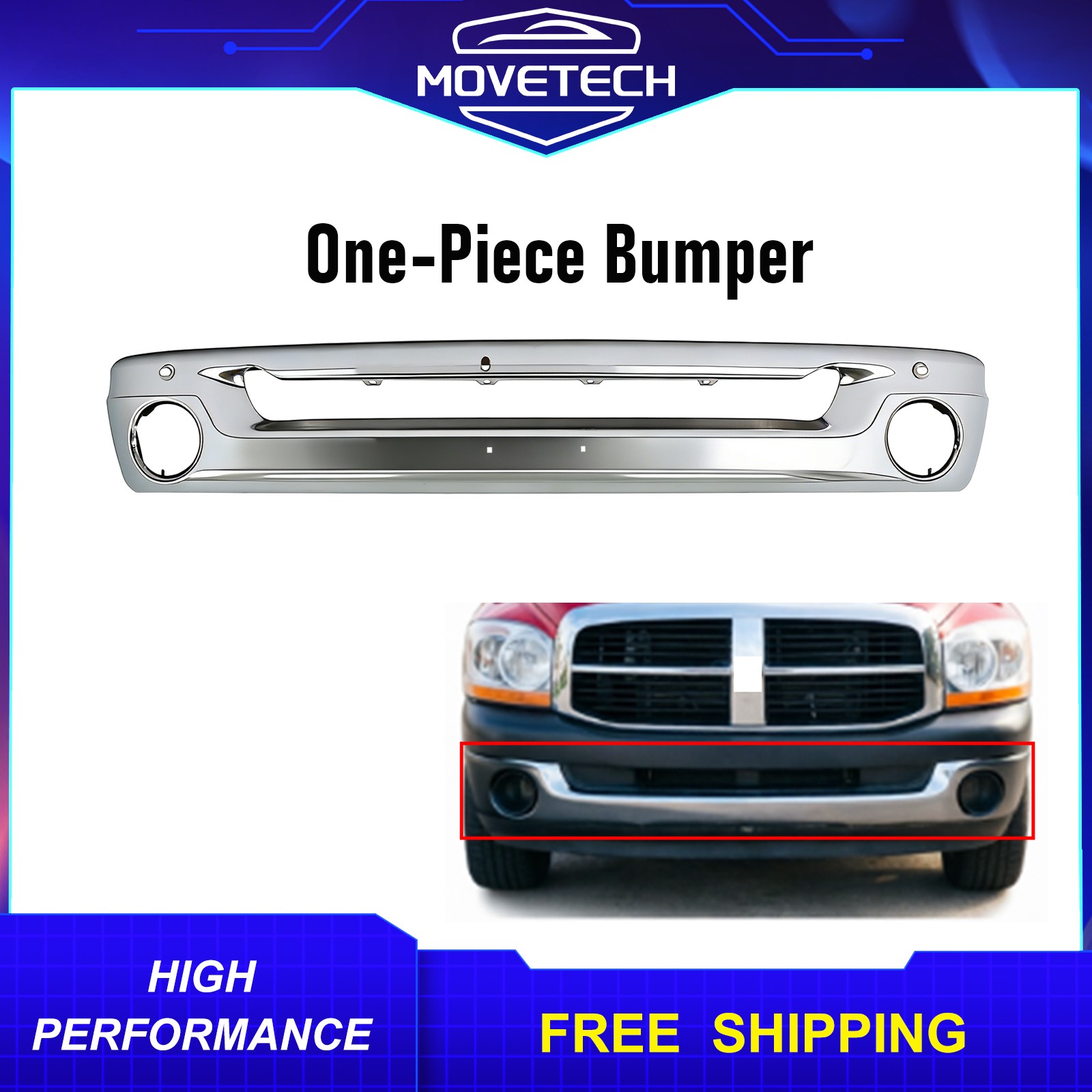 1-Piece Chrome Front Bumper For 2002-2008 Dodge Ram 1500 With Fog Light Holes 1-Piece Chrome Front Bumper For 2002-2008 Dodge Ram 1500 With Fog Light Holes