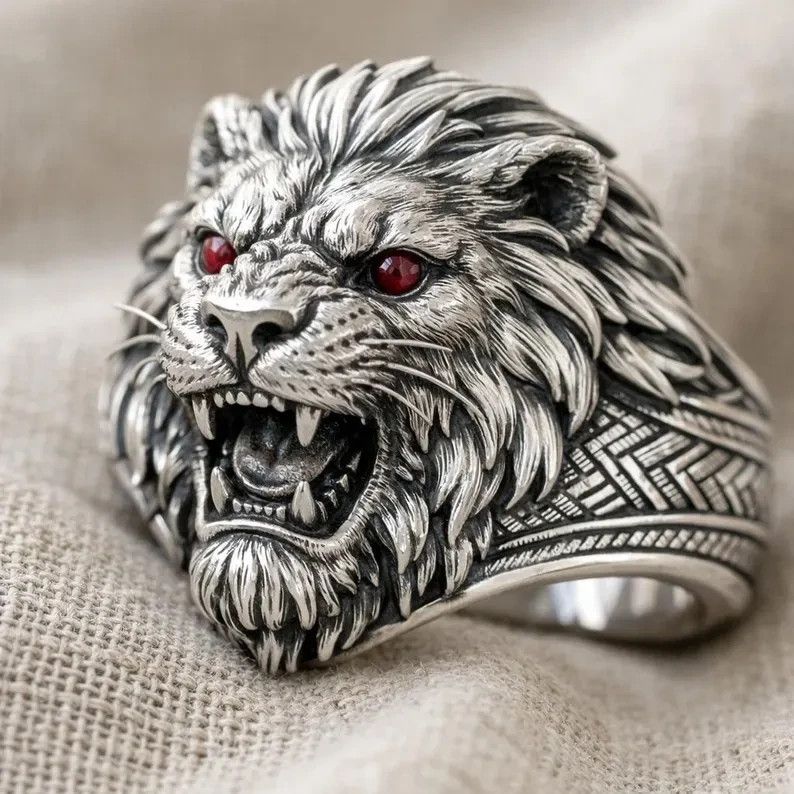 Antique Sterling Silver Roaring Lion Ring, Red Eyes, Gothic Biker Jewelry