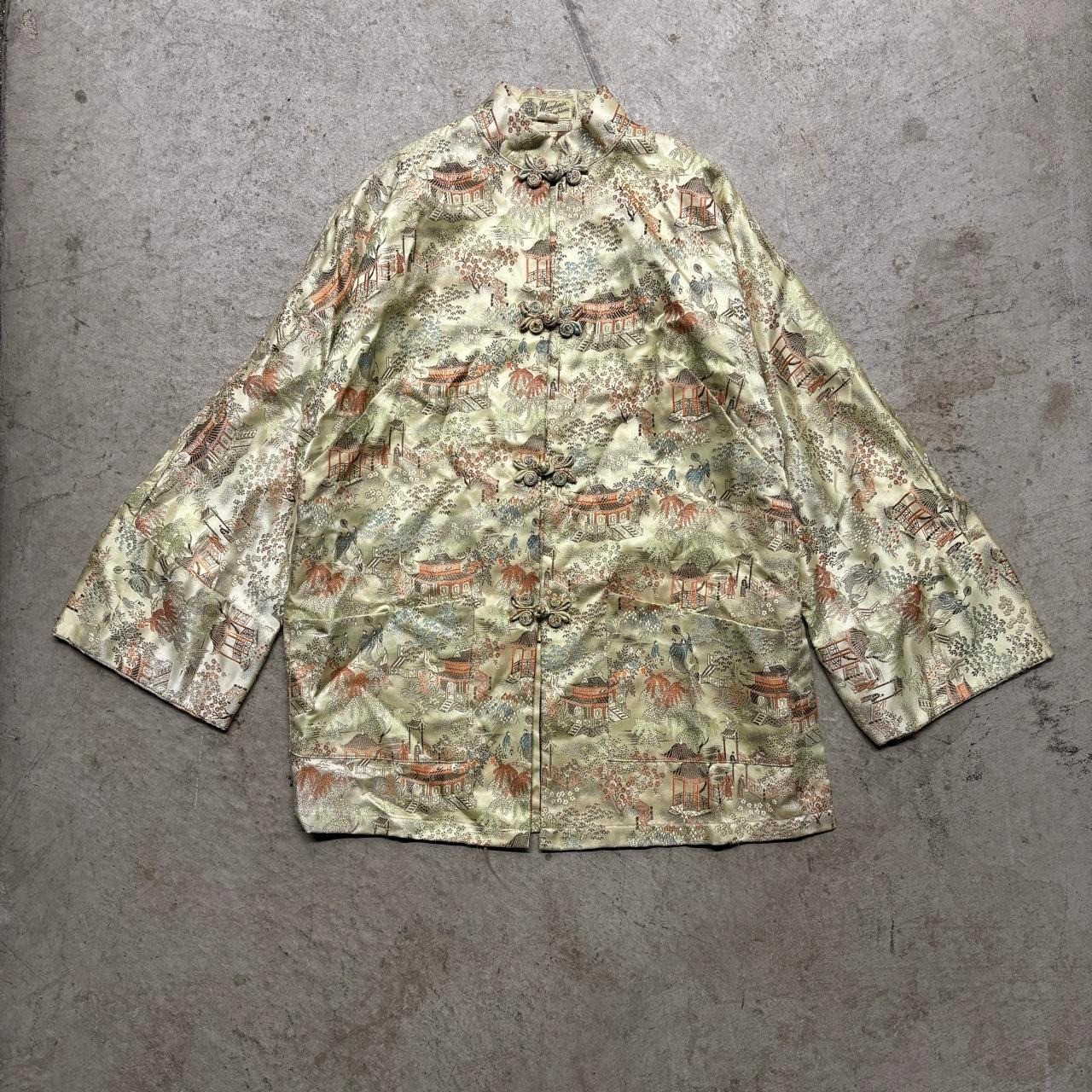 Vintage 60s Mandarin Fashions Silk Scenic Brocade Jacket Gold Tan Medium