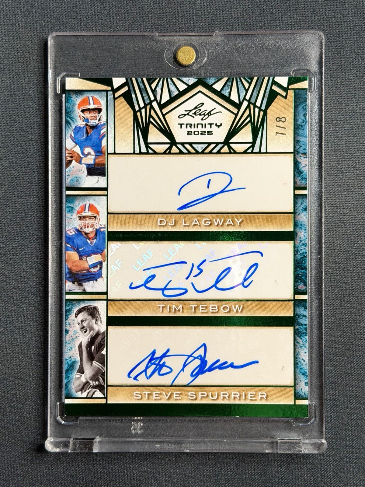 Leaf 2025 Trinity DJ Lagway Tim Tebow Steve Spurrier Trios Auto Green /8