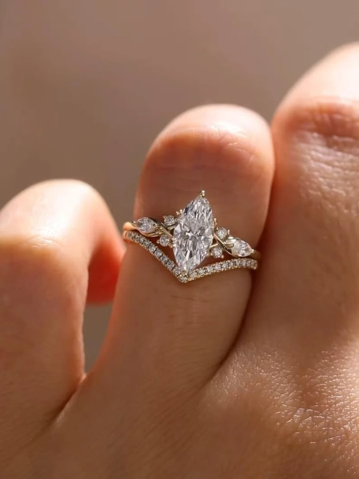 Marquise Cut Lab Created Diamond 14K Yellow Gold FN Engagement Bridal Ring Set