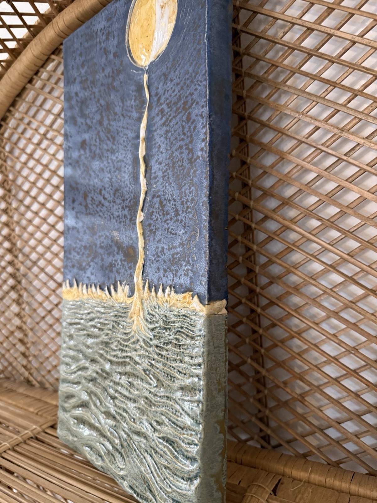 Moon Into Sea Ceramic Art Wall Sculpture Tile in Mirror Blue Glaze Beth Sherman
