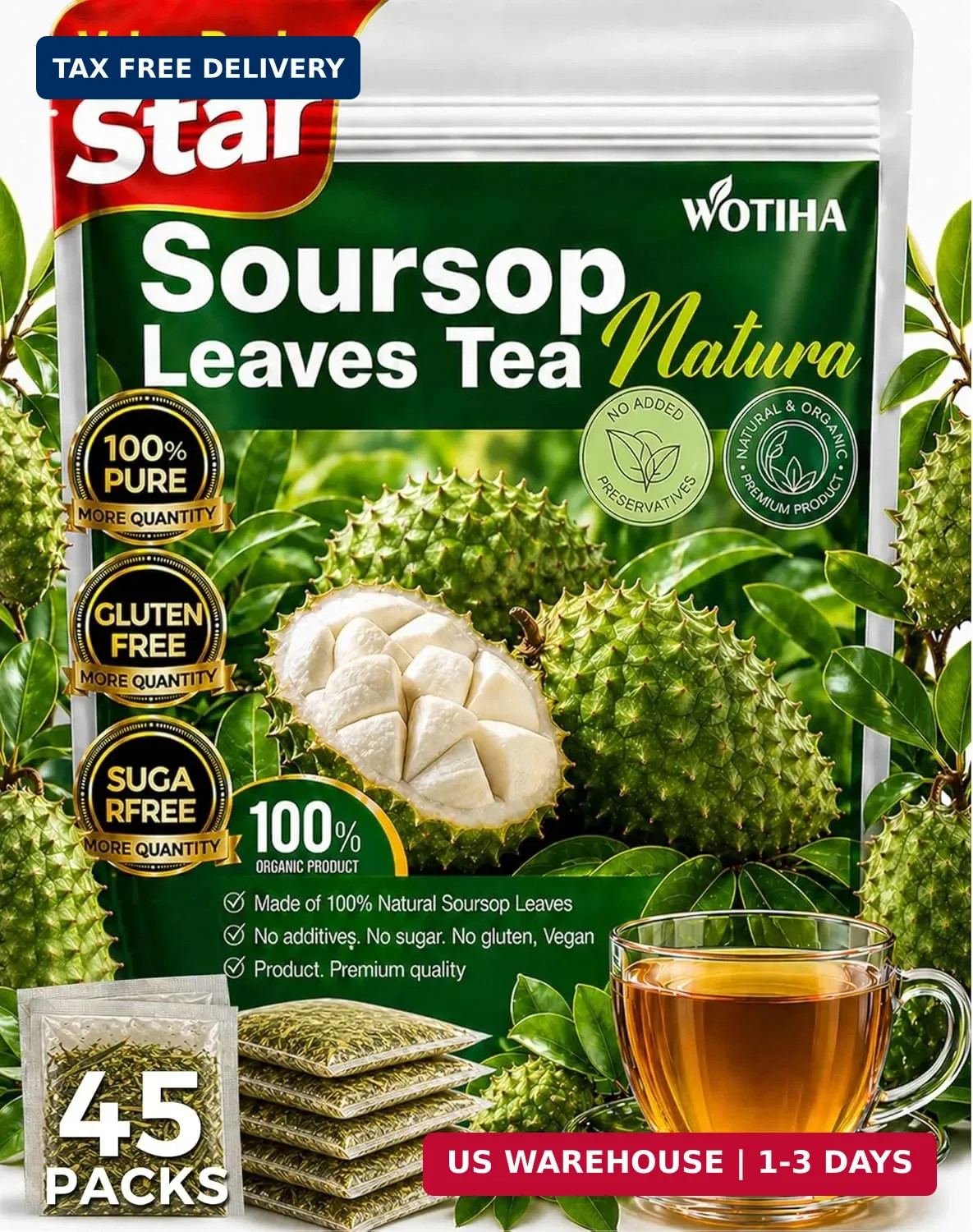 WOTIHA 45 Count Premium Soursop Graviola Tea Bags - 100% Natural soursop leaves,