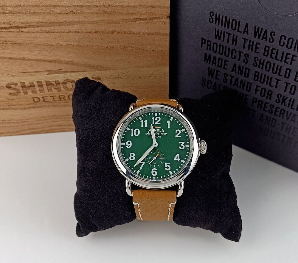 NEW Shinola Mens Watch The Runwell 41mm Green Dial With Tan Leather Strap