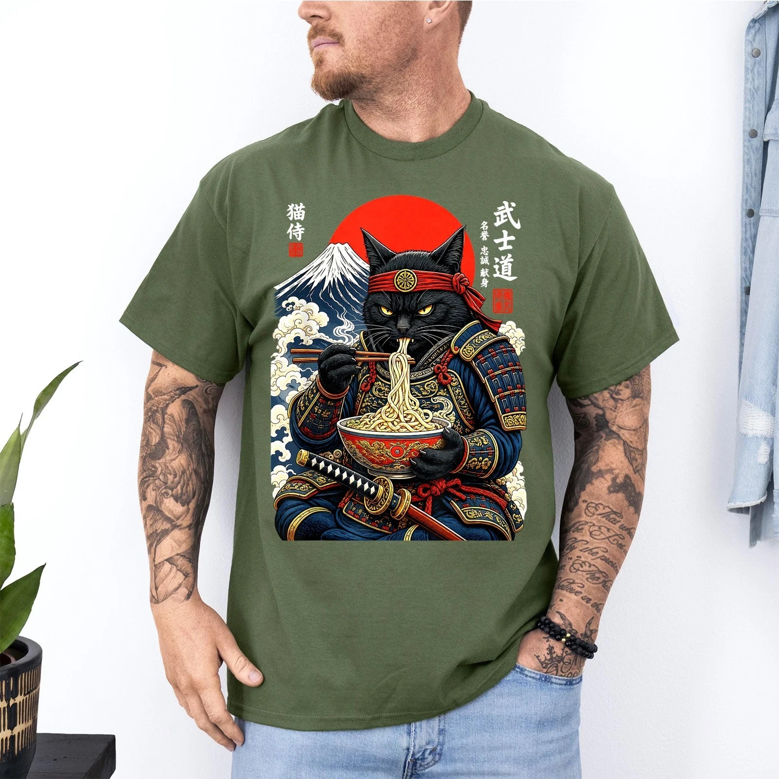 Black Cat Samurai Eats Ramen Funny Japanese Feline Warrior Unisex T-Shirt