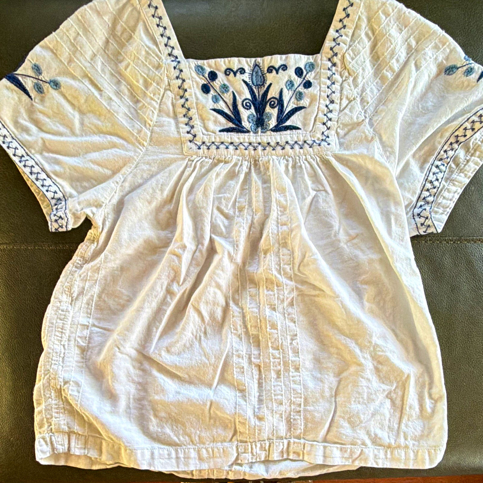 Madewell White & Blue Embroidered Square Neck Short Sleeve Peasant Blouse M Madewell White & Blue Embroidered Square Neck Short Sleeve Peasant Blouse M