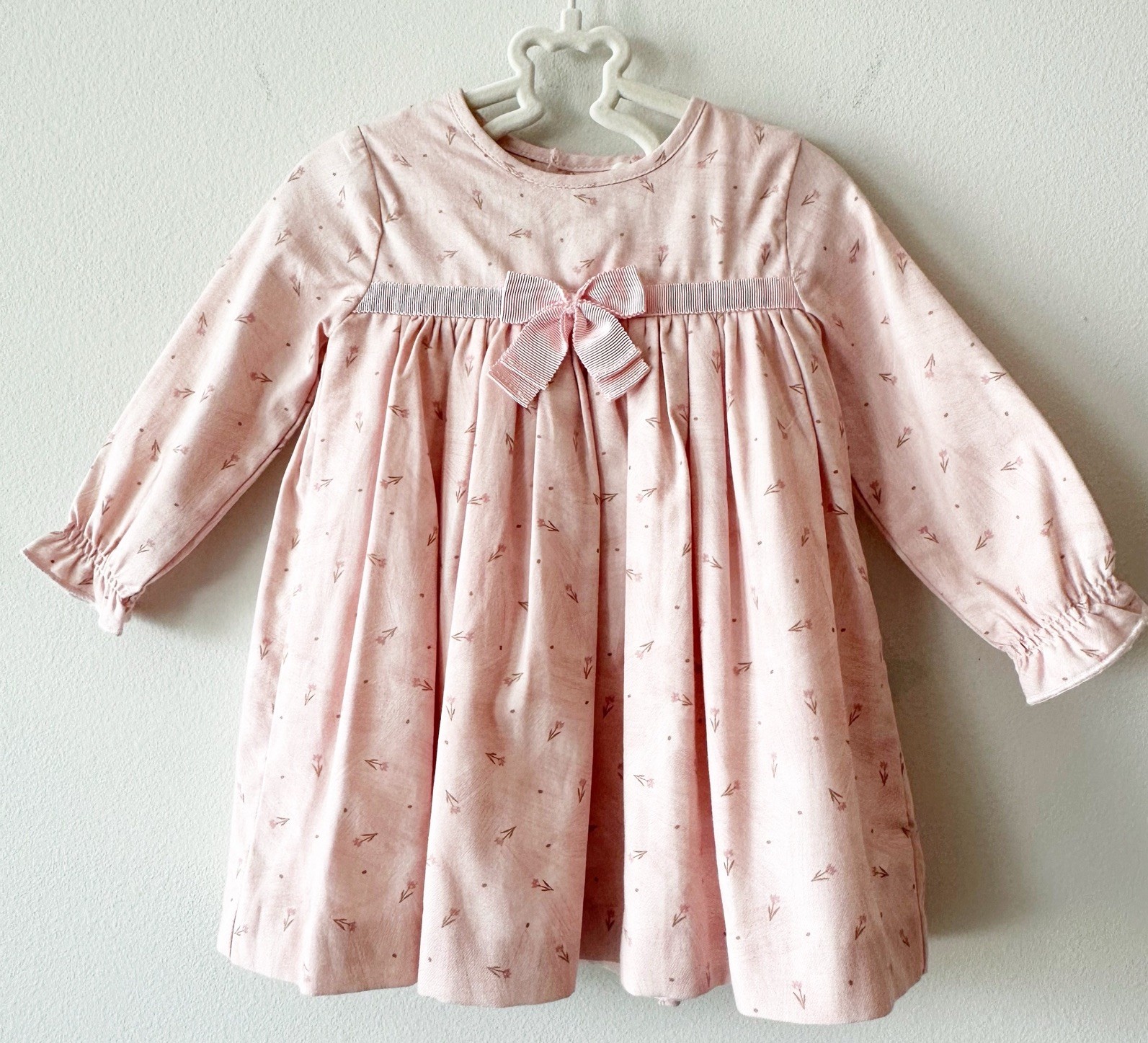 Fleurisse Violetta Belina Grey/Pink Floral Dress Cotton Long Sleeve Bow Dress