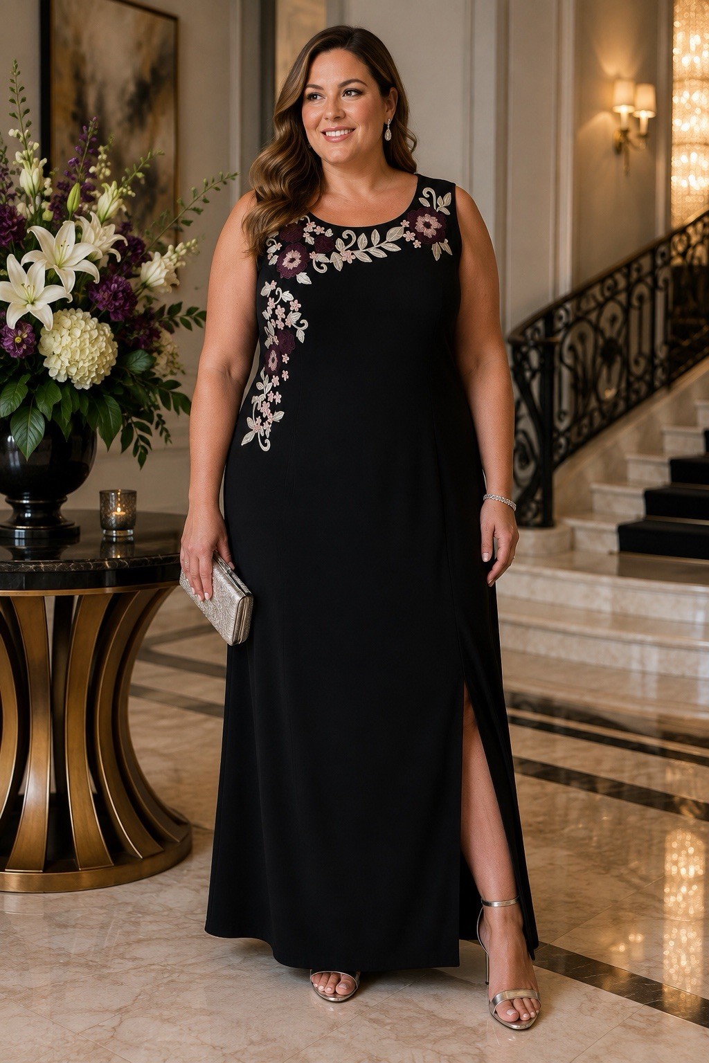 SL Fashions Black Floral Embroidered Maxi Evening Dress Plus Size 20W NWT $139