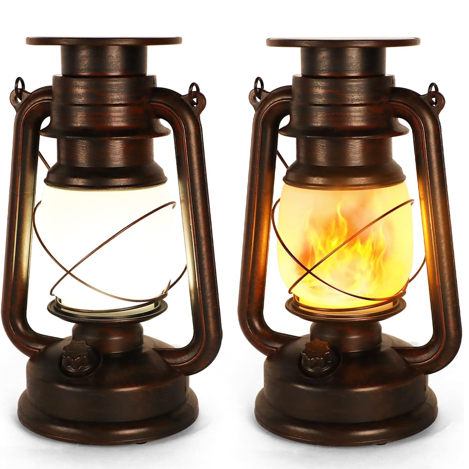 2PCS Solar Lantern Hanging Lights Dancing Flame Vintage Waterproof Camping Lamps