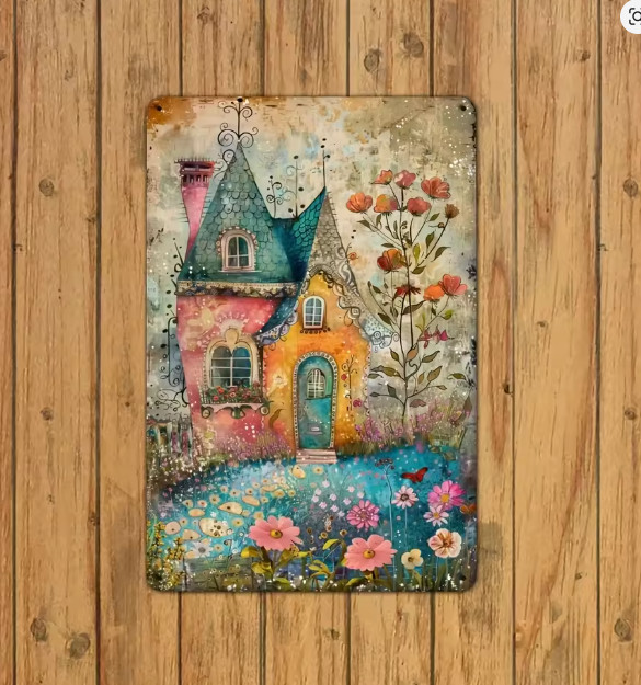 Unique Rustic Vintage Whimsical Victorian House Metal Wall Sign Art 8x12 2D