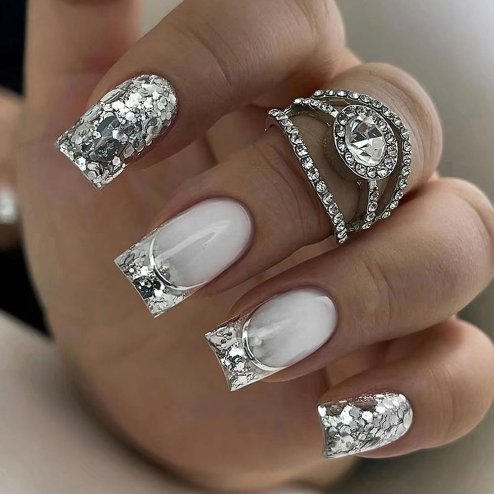 Silver Press on Nails Square Short French Tip Fake Nails with Glitter Design ... Silver Press on Nails Square Short French Tip Fake Nails with Glitter Design ...