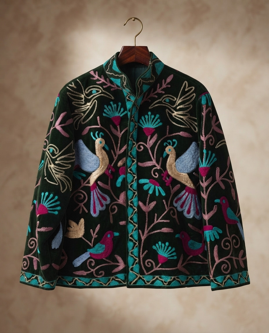 Handmade Green Velvet Suzani Jacket Women Floral Embroidered Boho Ethnic Coat