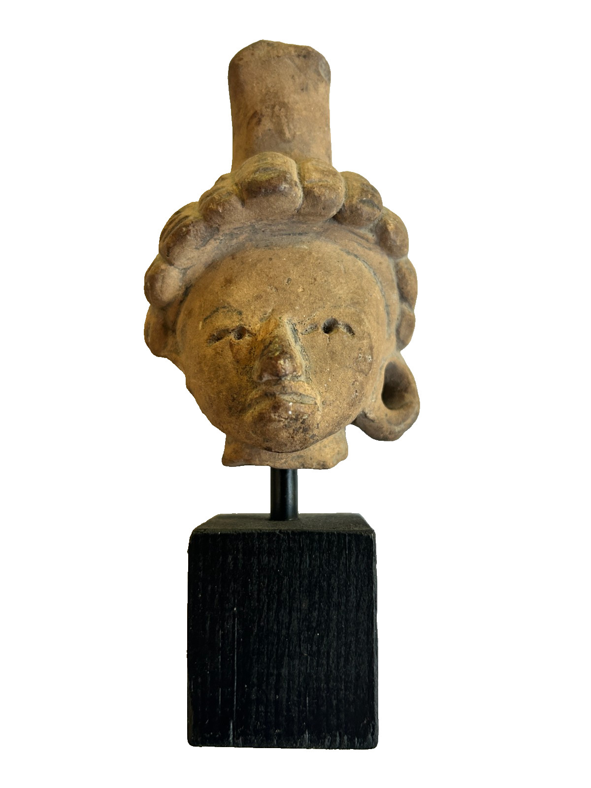 Pre Columbian - SCULPTED HEAD - ELABORATE HEADDRESS -  WITH STAND