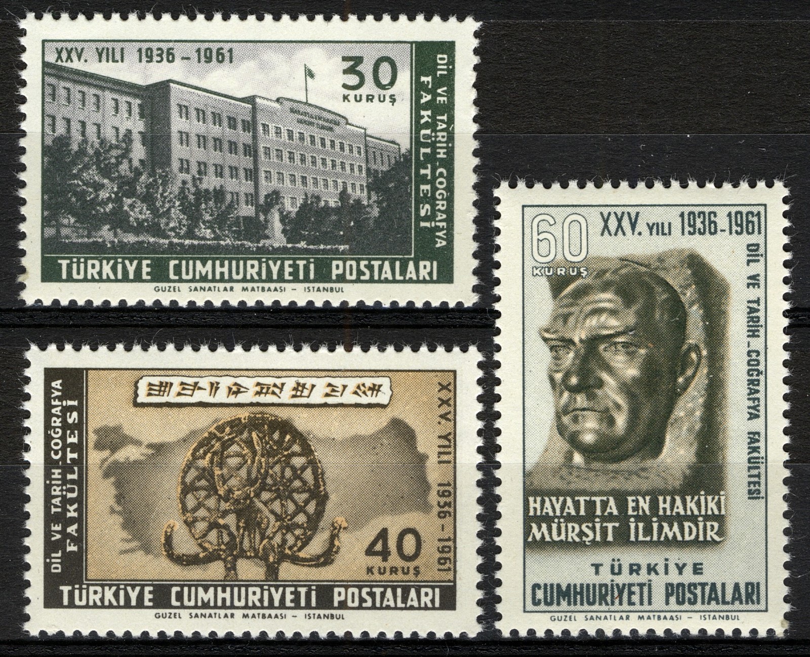 Turkey 1961, 25th Anniv Faculty Language, History, geography MNH, Mi 1798-1800
