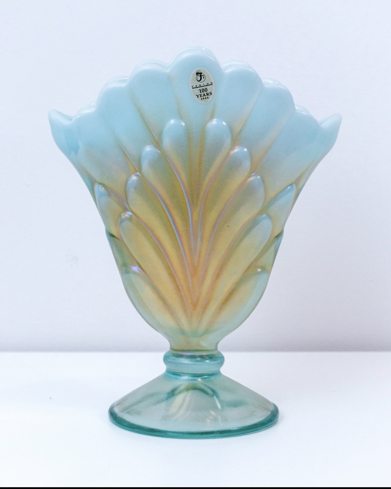 Fenton 100th Anniversary Marigold Aqua Opalescent Stretch Glass Plume Fan Vase Fenton 100th Anniversary Marigold Aqua Opalescent Stretch Glass Plume Fan Vase