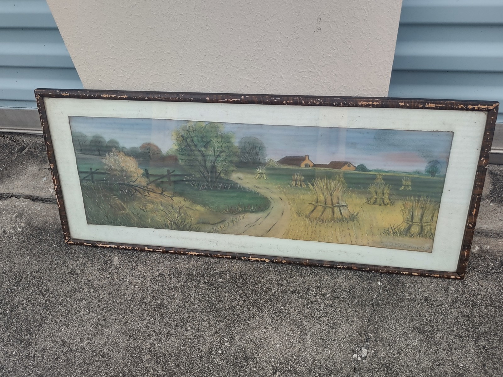 ANTIQUE PANORAMIC FARM LANDSCAPE WATERCOLOR PAINTING 1967 ANTIQUE PANORAMIC FARM LANDSCAPE WATERCOLOR PAINTING 1967