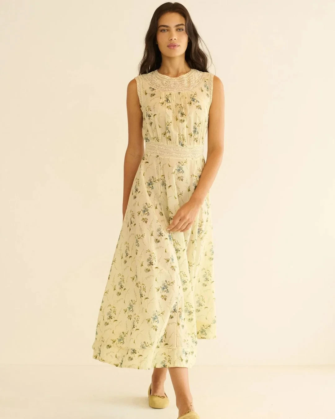Doen Liliane Sunshine Prairie Rose Floral Print Lace Midi Maxi Gown Dress Size M