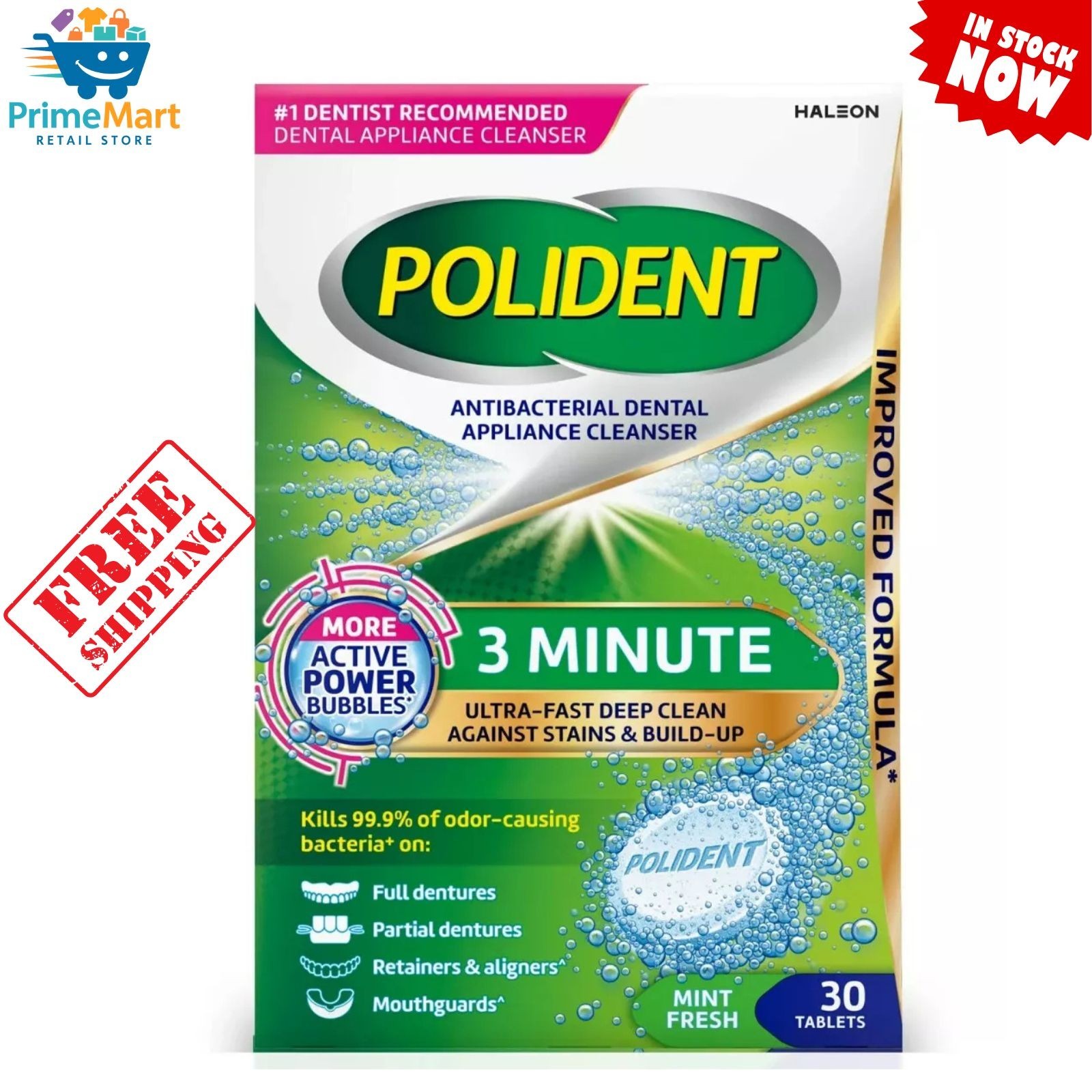 Polident 3 Minute Antibacterial Dental Appliance Cleanser Tablets, 30 Count