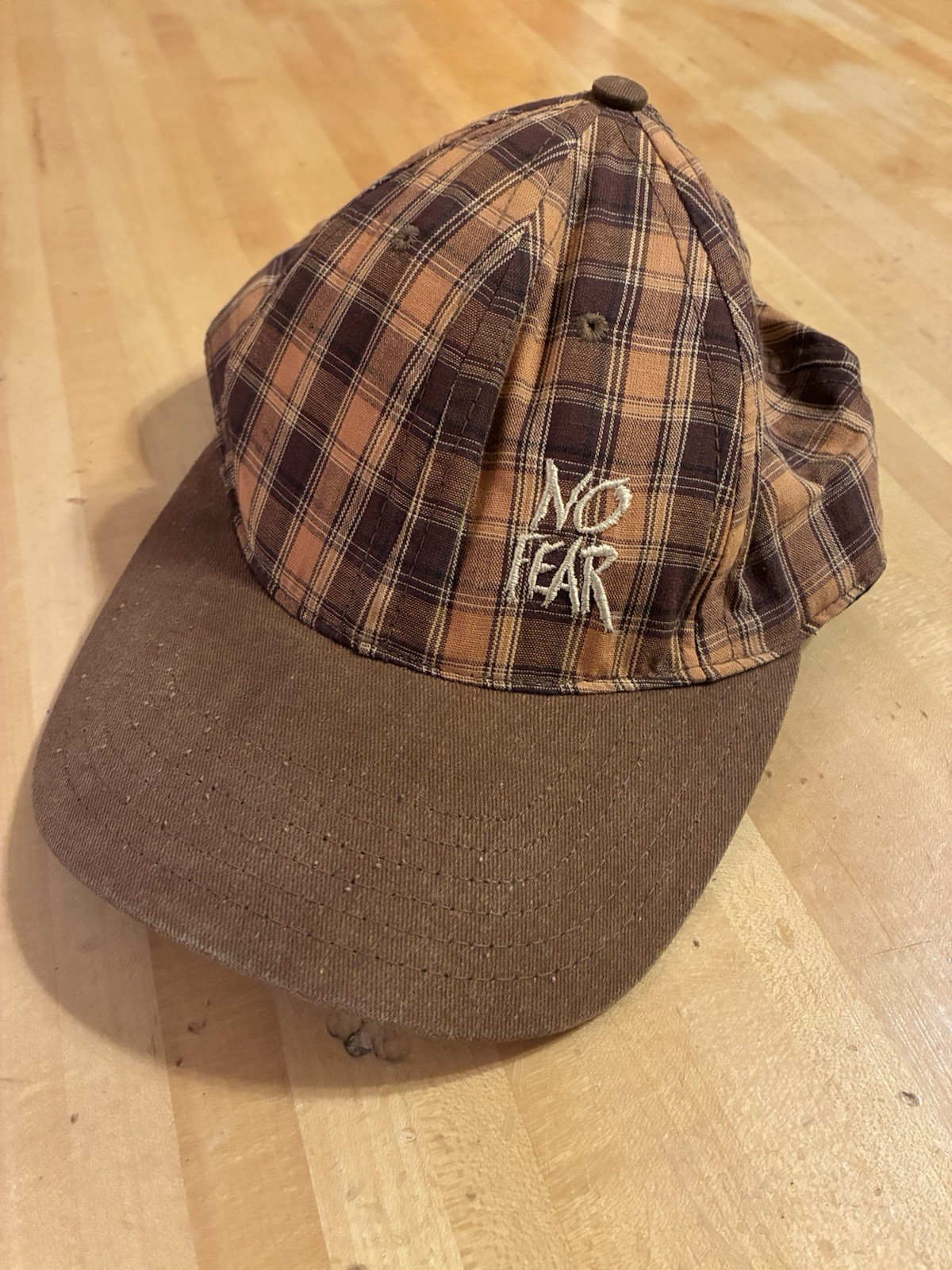Vintage RARE 90s No Fear 6 Panel Plaid Snapback Hat Brown Skate Streetwear VTG