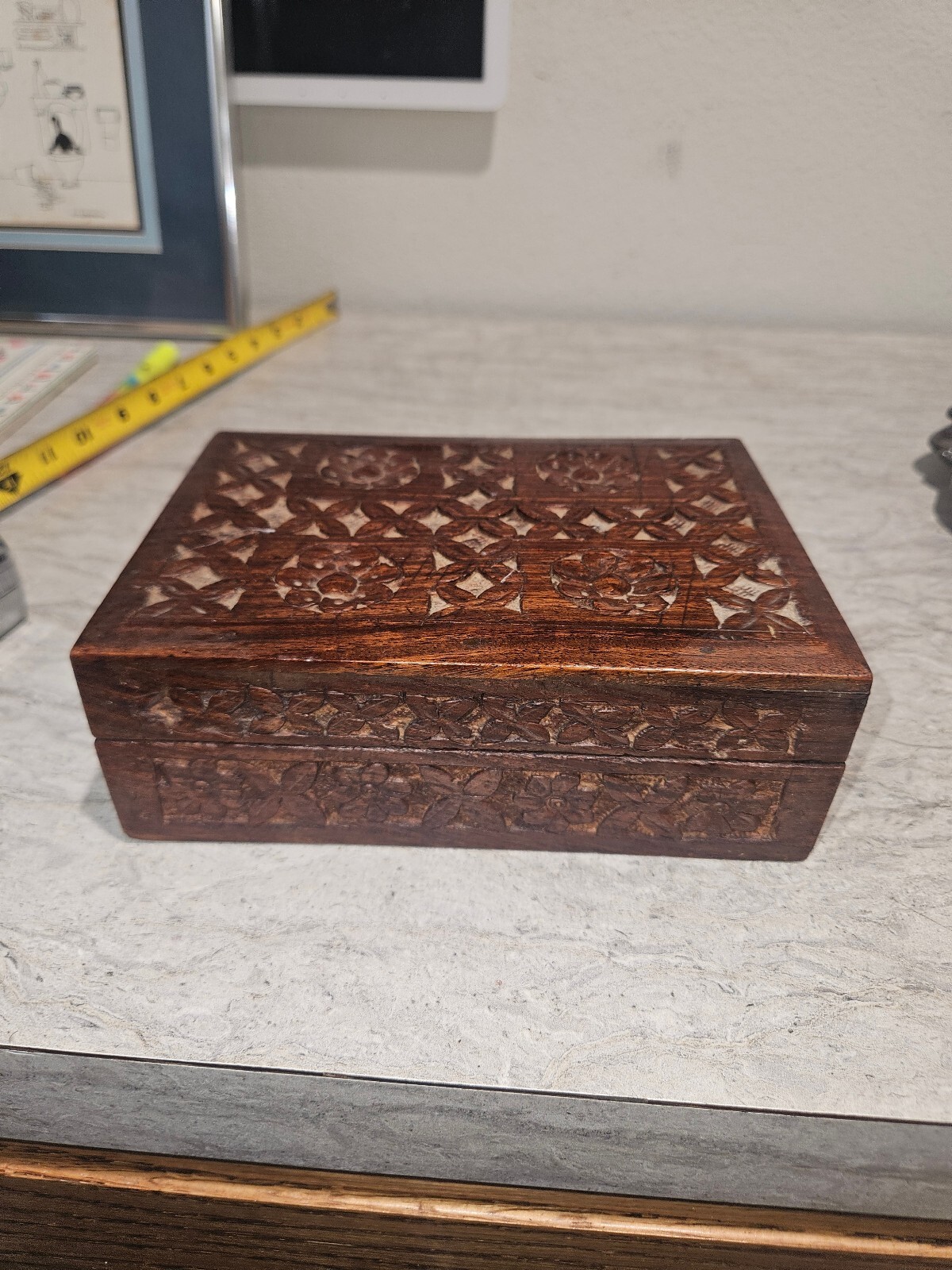Vintage Hand Carved Wooden Jewelry Box with Blue Felt Lining