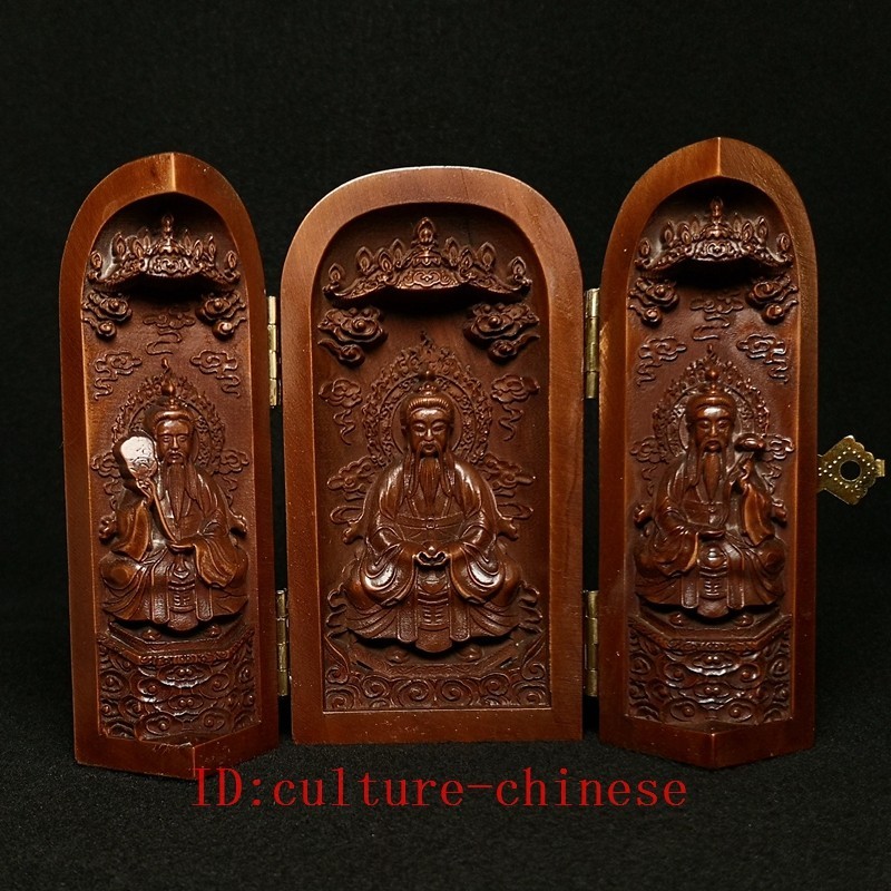 4 Inch Old Chinese Hand-carved Boxwood Taoism 3 Three Pure Ones Deity Statue