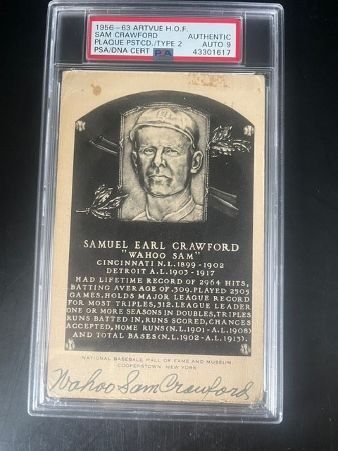 Wahoo Sam Crawford signed twice Artvue HOF Postcard Encapsulated PSA/DNA 9  GPC