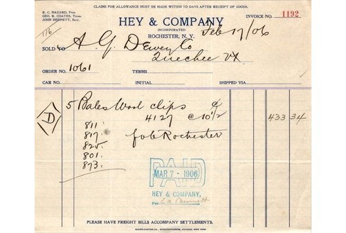 Hey Co Invoice 1906 Baker-Vawter Wood Clips A.G. Dewey Receipt NY & Vermont