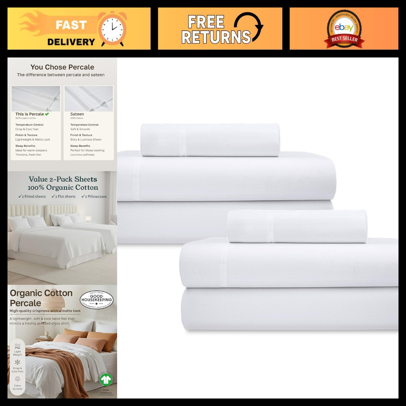 100% Organic Cotton Twin Sheet Set - 2 Pack, Bright White, Soft & Breathable