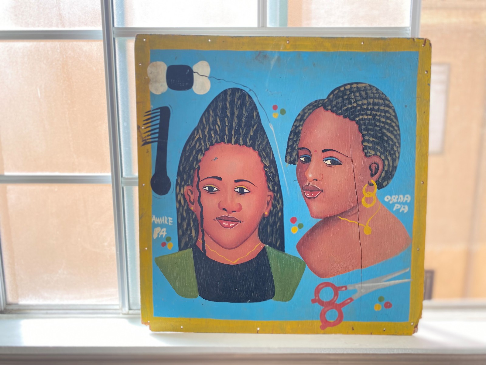Vintage Hand Painted African Barber Shop Sign Uniquely Featuring Women w/Braids