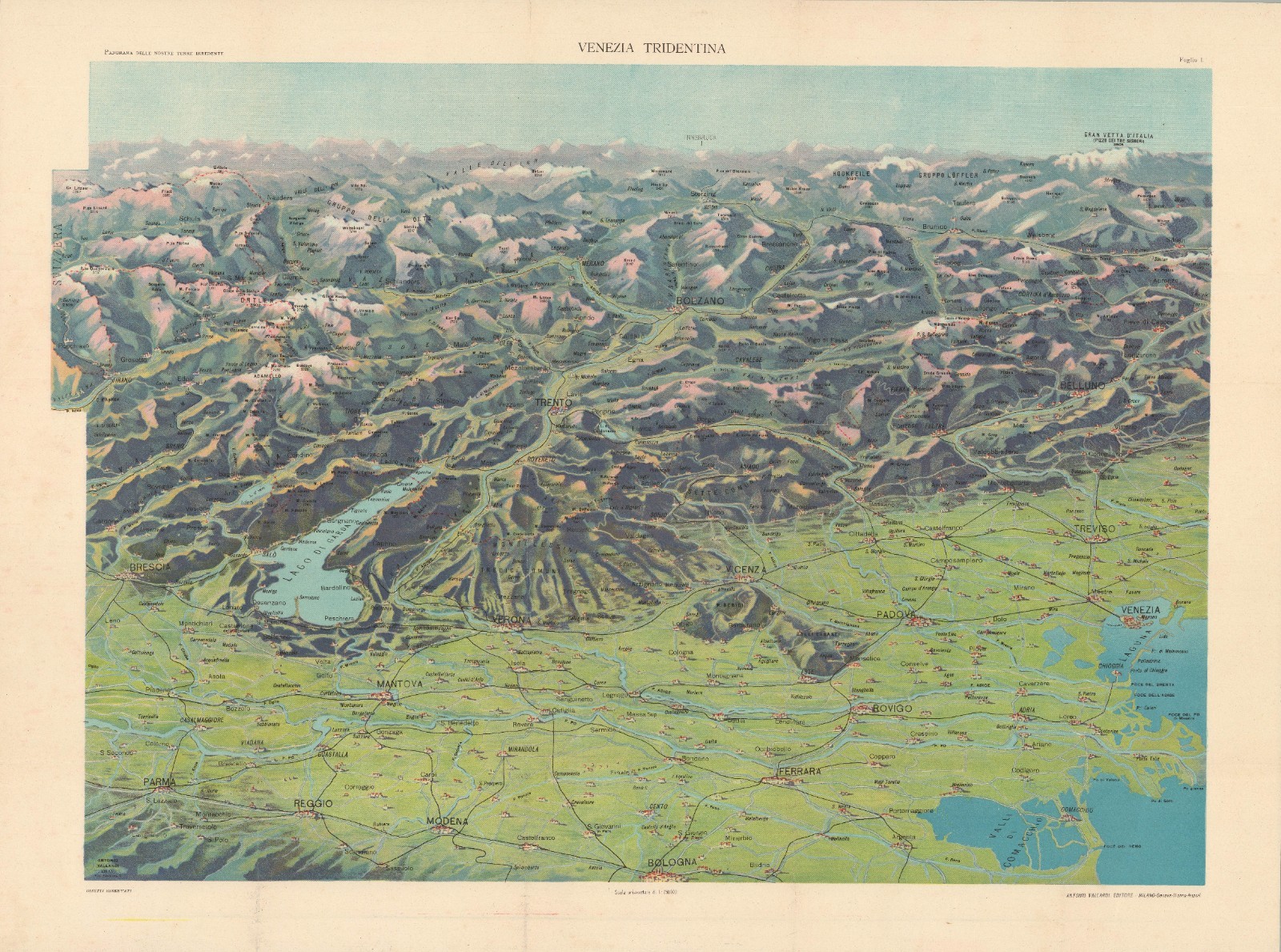 c. 1910 Vallardi 2-Sheet Bird\'s-Eye View of Northern Italy, w/ Venice, Dolomites