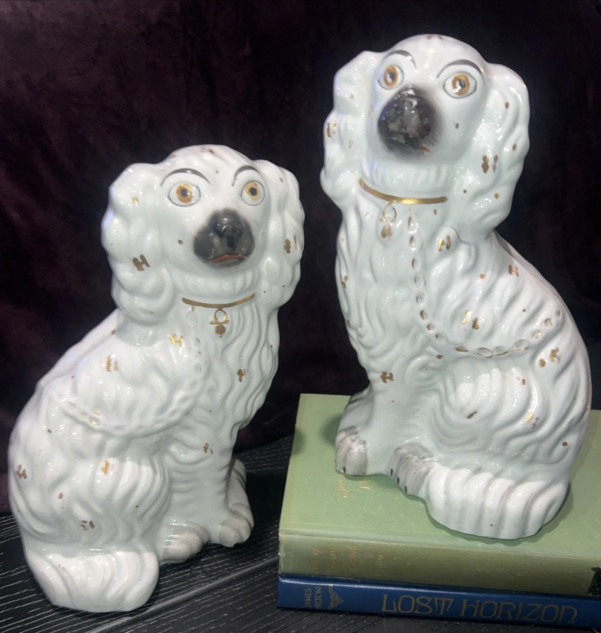 PAIR Antique 1800s English Staffordshire LARGE 10” Mantle Spaniels Gold Gilt