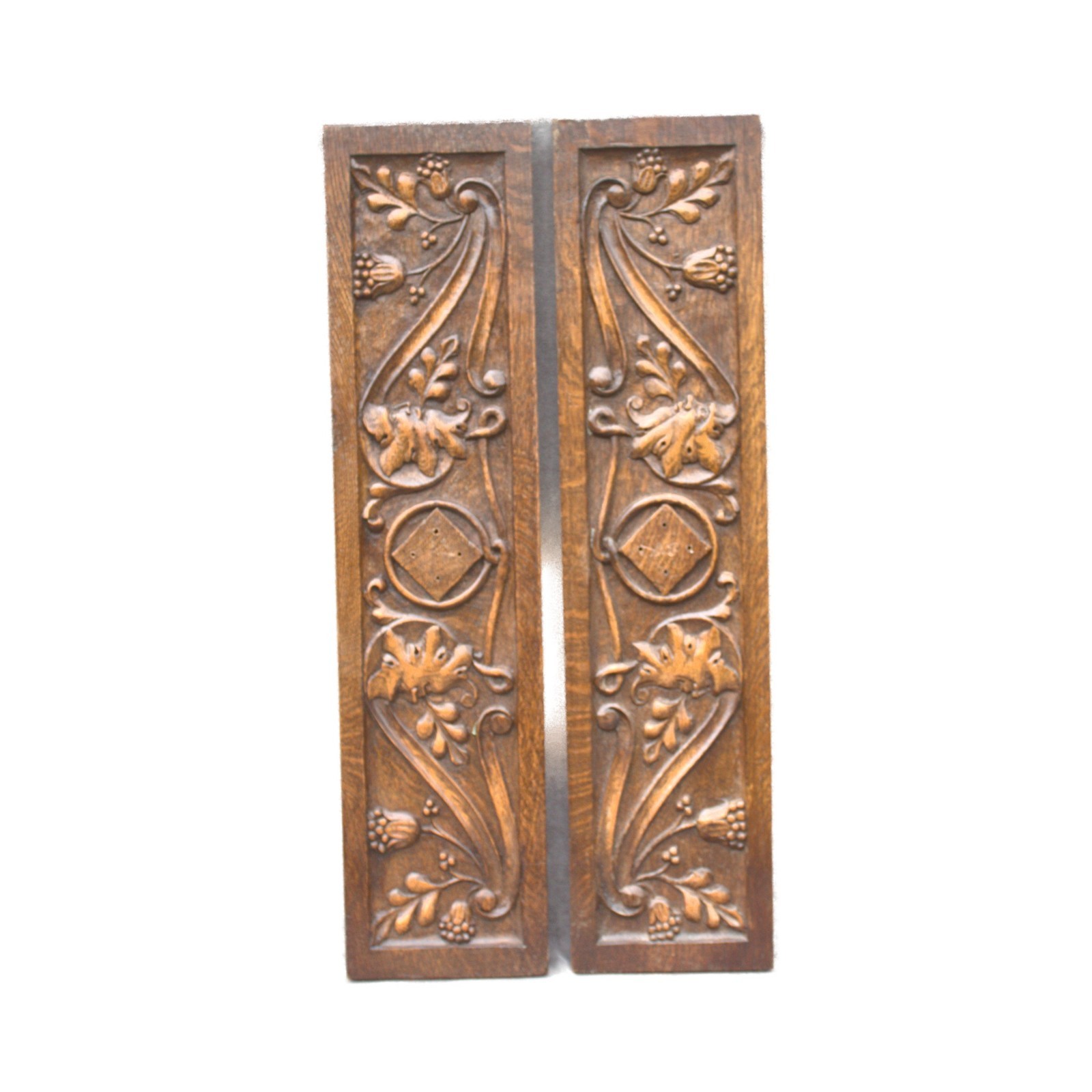 Antique pair solid oak wood panels carvings green man face architectural salvage